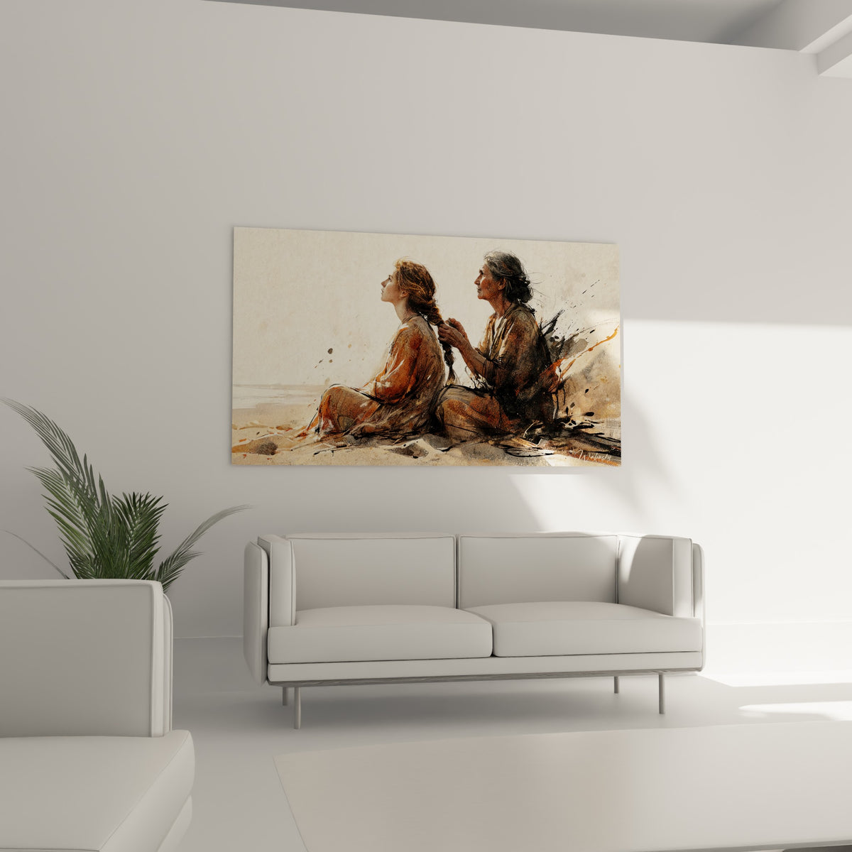 Femmes tressées en camaïeu sépia et terracotta accrochées au-dessus d'un canapé dans un salon lumineux