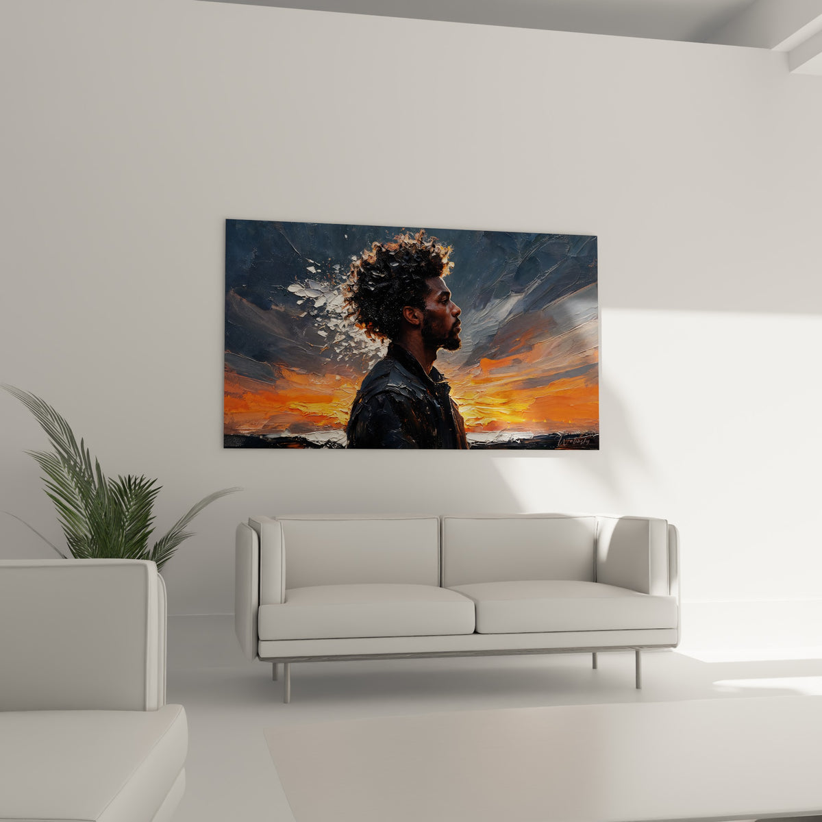 Portrait expressif aux tons orange et anthracite, disposé au-dessus d'un canapé dans un salon lumineux