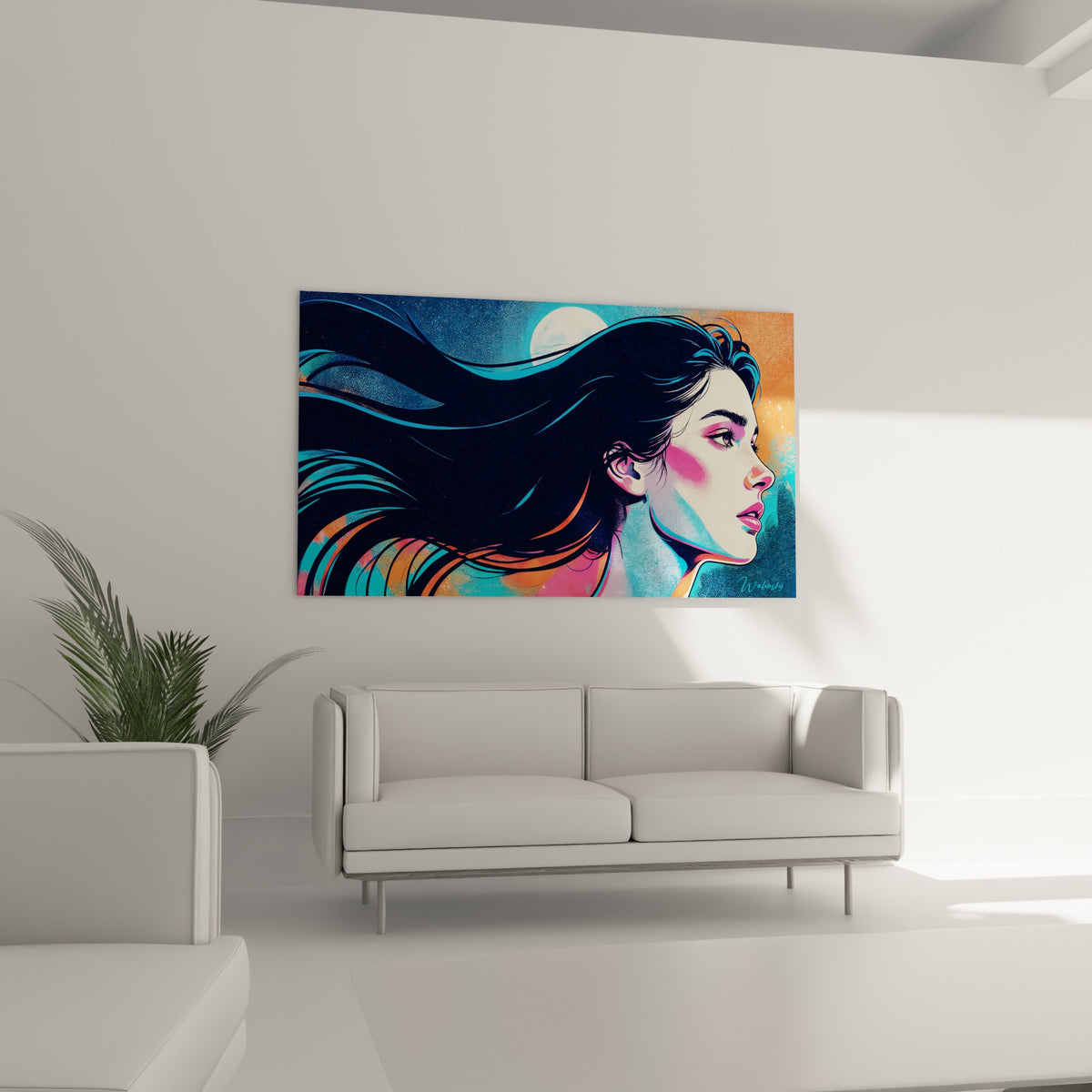 Visage tourné vers la lune, chevelure sombre et fond orange, au-dessus d'un canapé dans un salon lumineux