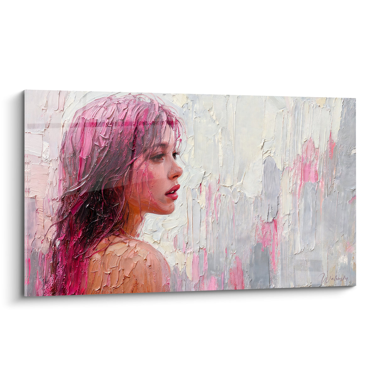 Portrait profil chevelure rose fuchsia et gris anthracite en peinture au couteau texturée