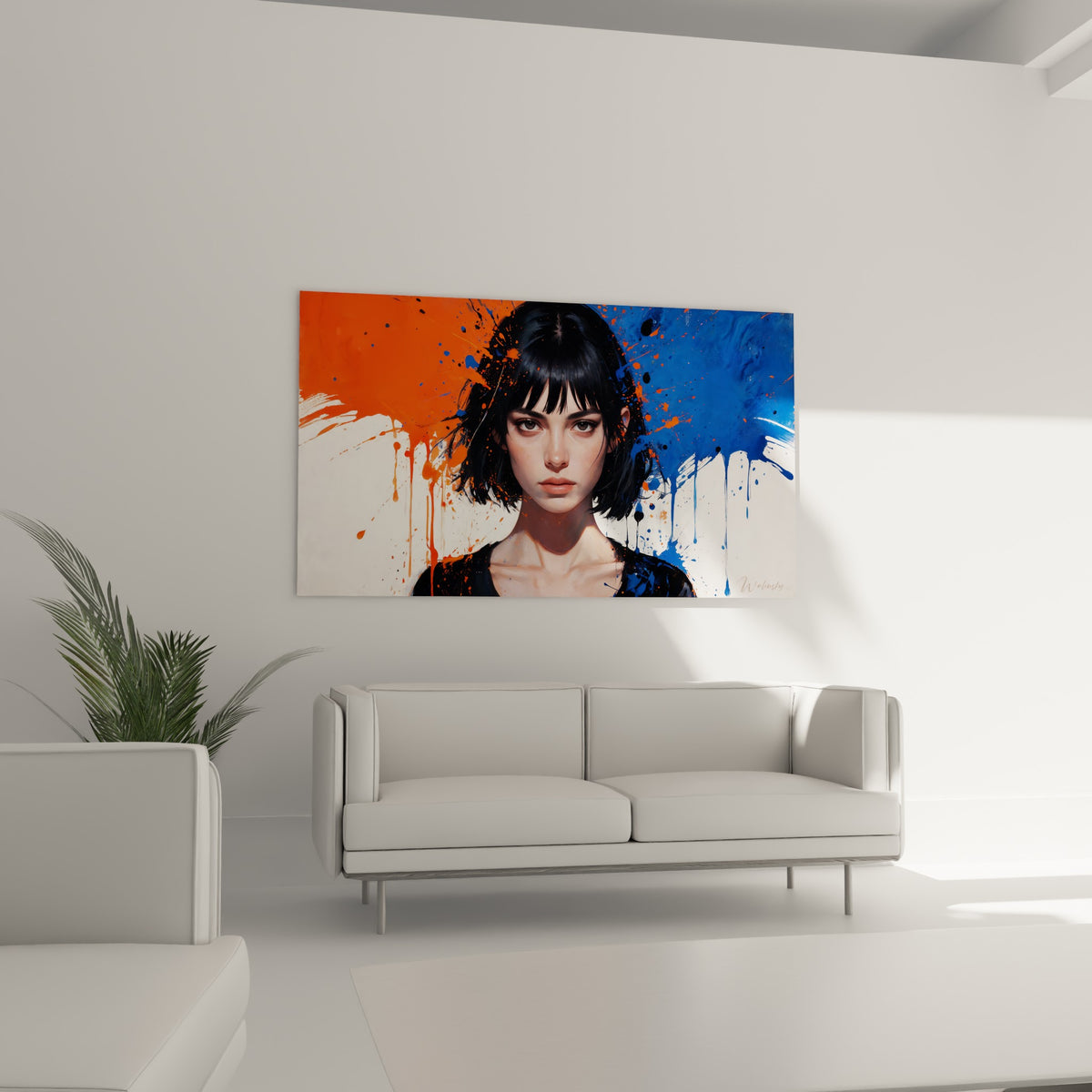 Visage au regard perçant, mèches noires nettes, éclats orange et bleu marine, au-dessus d'un canapé dans un salon lumineux