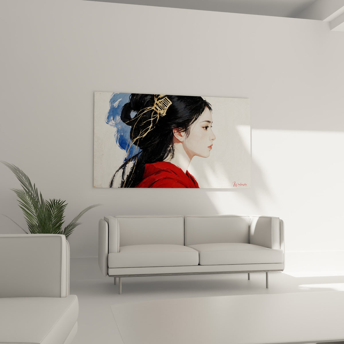 Chevelure noire relevée en chignon avec peigne doré et robe écarlate, au-dessus d'un canapé dans un salon lumineux.