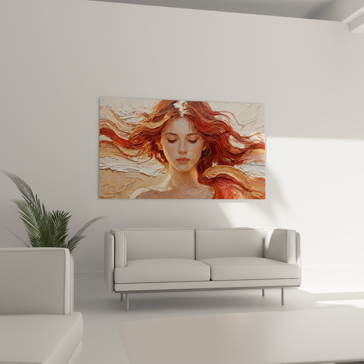 Mèches terracotta et crème sculptées en empâtement au-dessus d'un canapé dans un salon lumineux