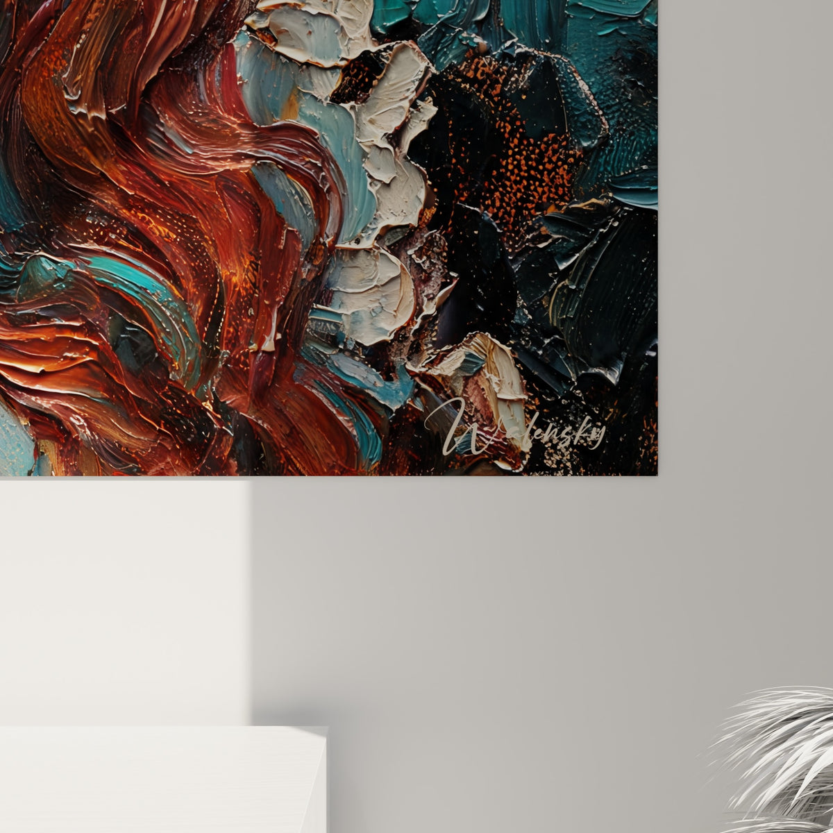 Empâtements épais de peinture rousse et turquoise, matière sculpturale visible en gros plan sur la toile