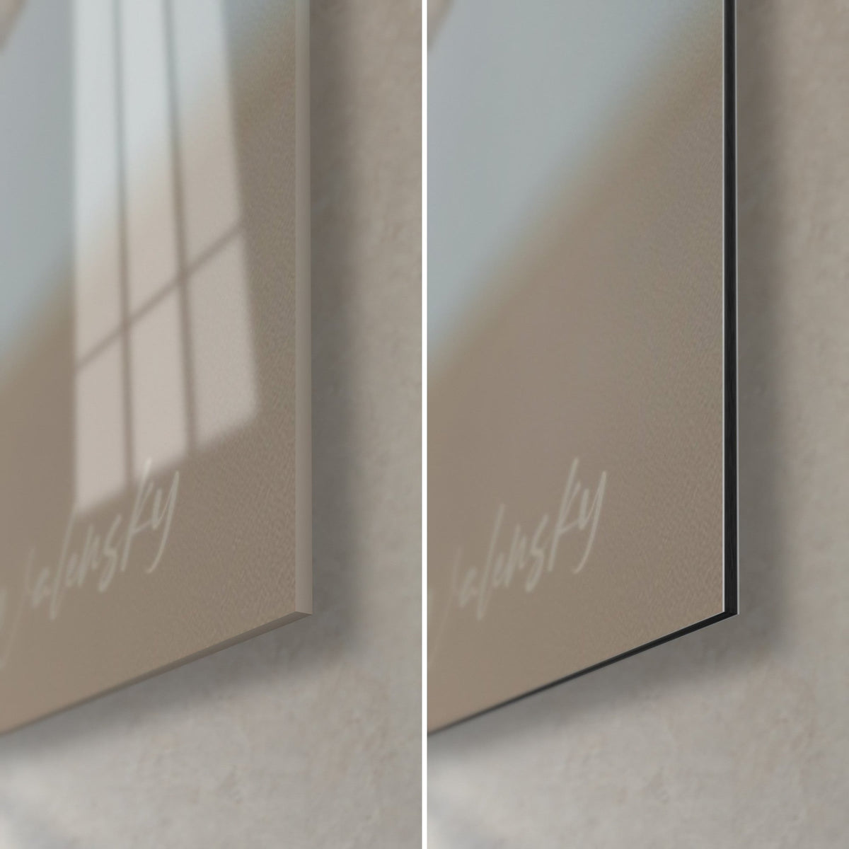Wall art of a woman with a lacquered bun, lower right corner: glossy acrylic glass on the left, matte beige Dibond aluminium on the right, black edge