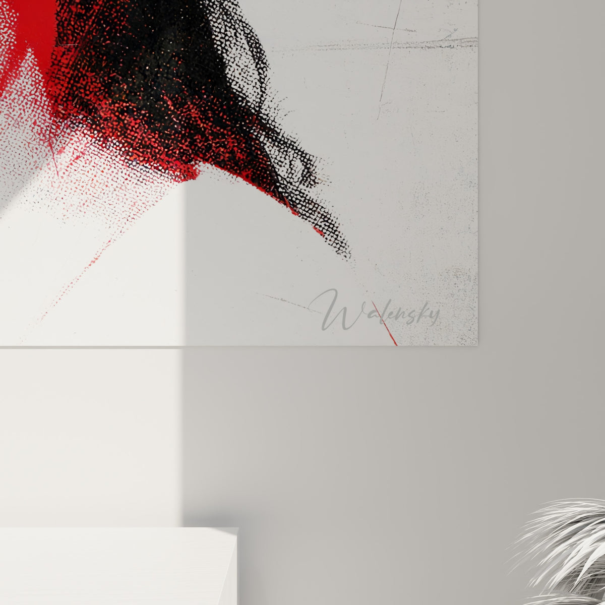 Trame graphique en gros plan révélant les nuances de rouge écarlate et de noir sur la toile texturée