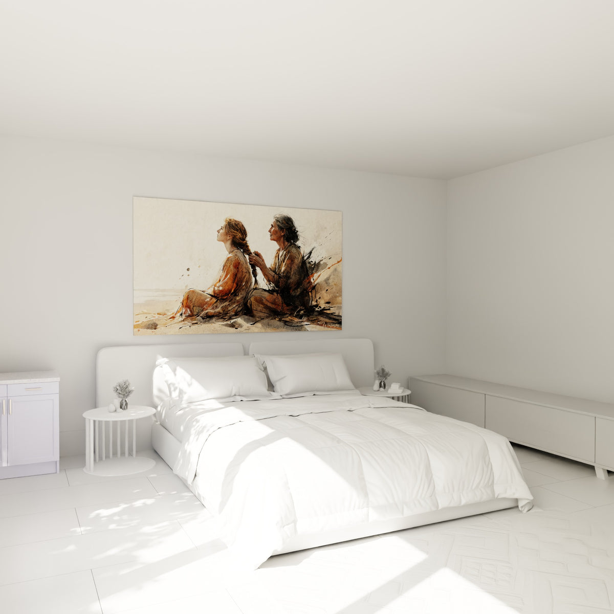 Scène de coiffure aux tons ocre et anthracite installée au-dessus d'un lit dans une chambre claire