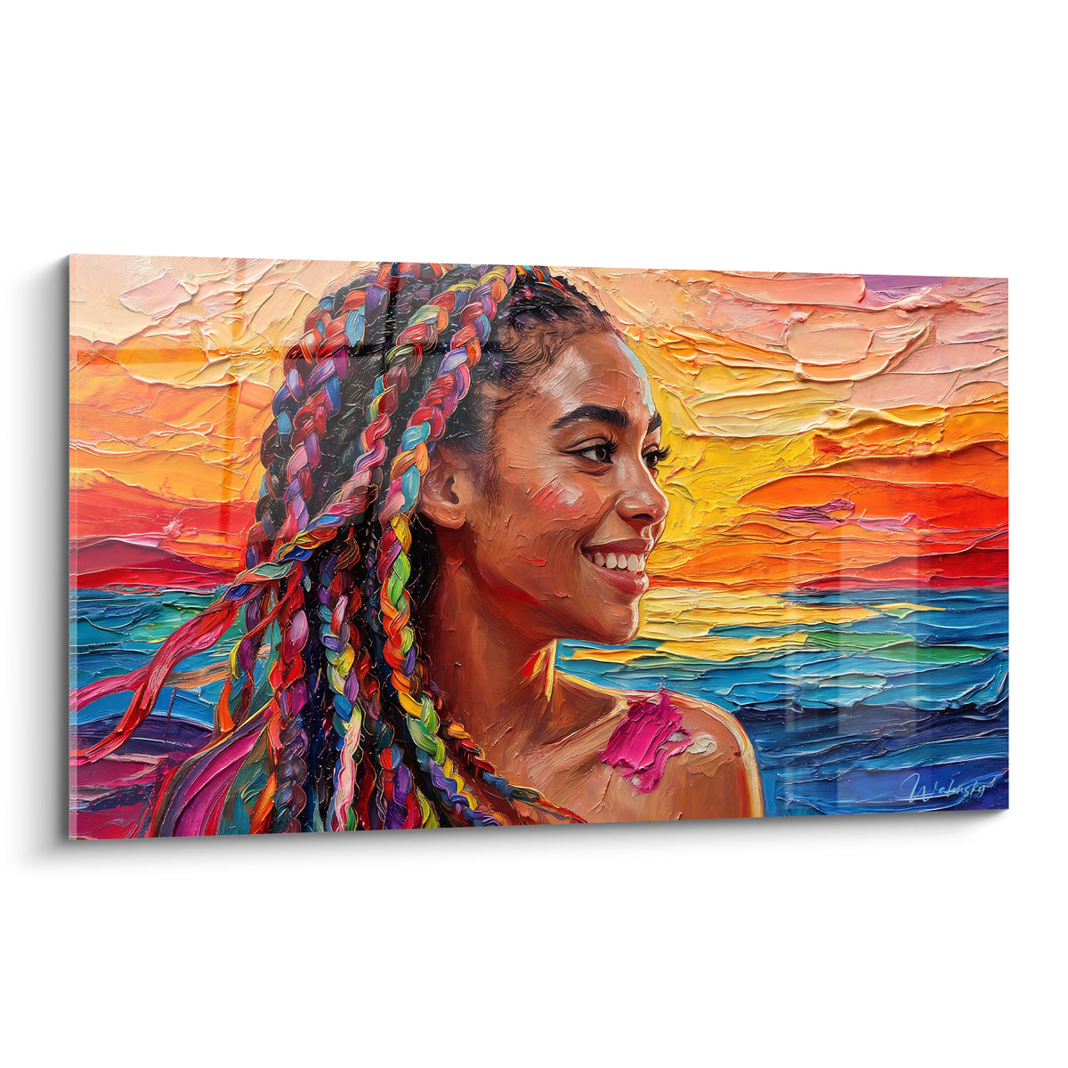 Portrait peint de femme aux tresses violet et turquoise, sourire éclatant devant un coucher de soleil orangé