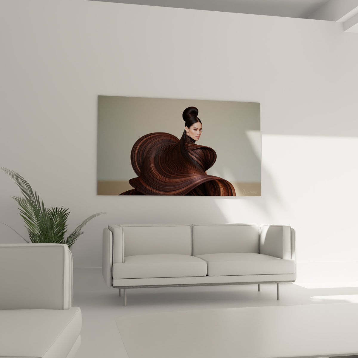 Chignon architectural et cape ondulée chocolat, tableau coiffure au-dessus d'un canapé dans un salon lumineux