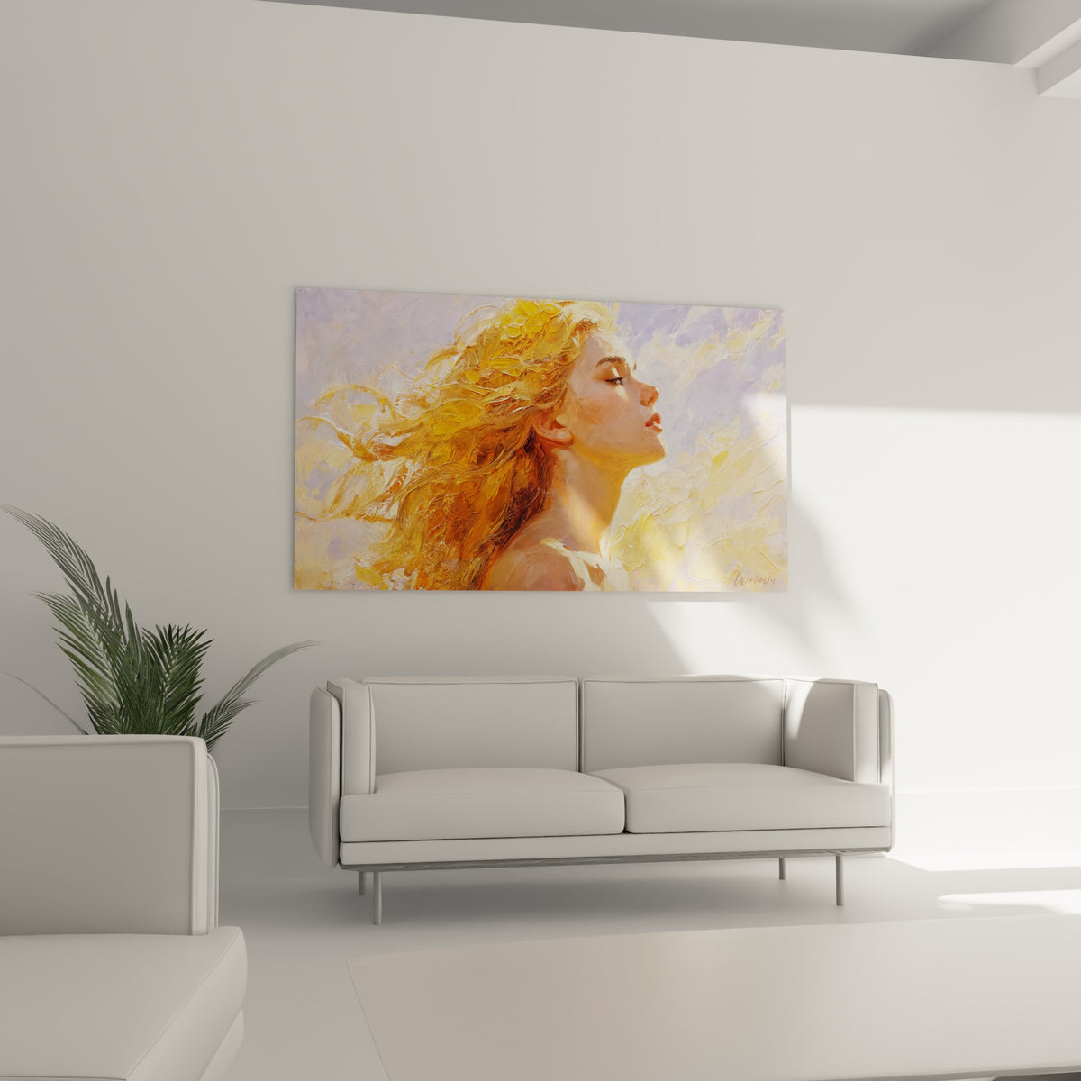 Visage tourné vers la lumière et mèches cuivrées sur ce tableau Coiffure, au-dessus d'un canapé dans un salon lumineux