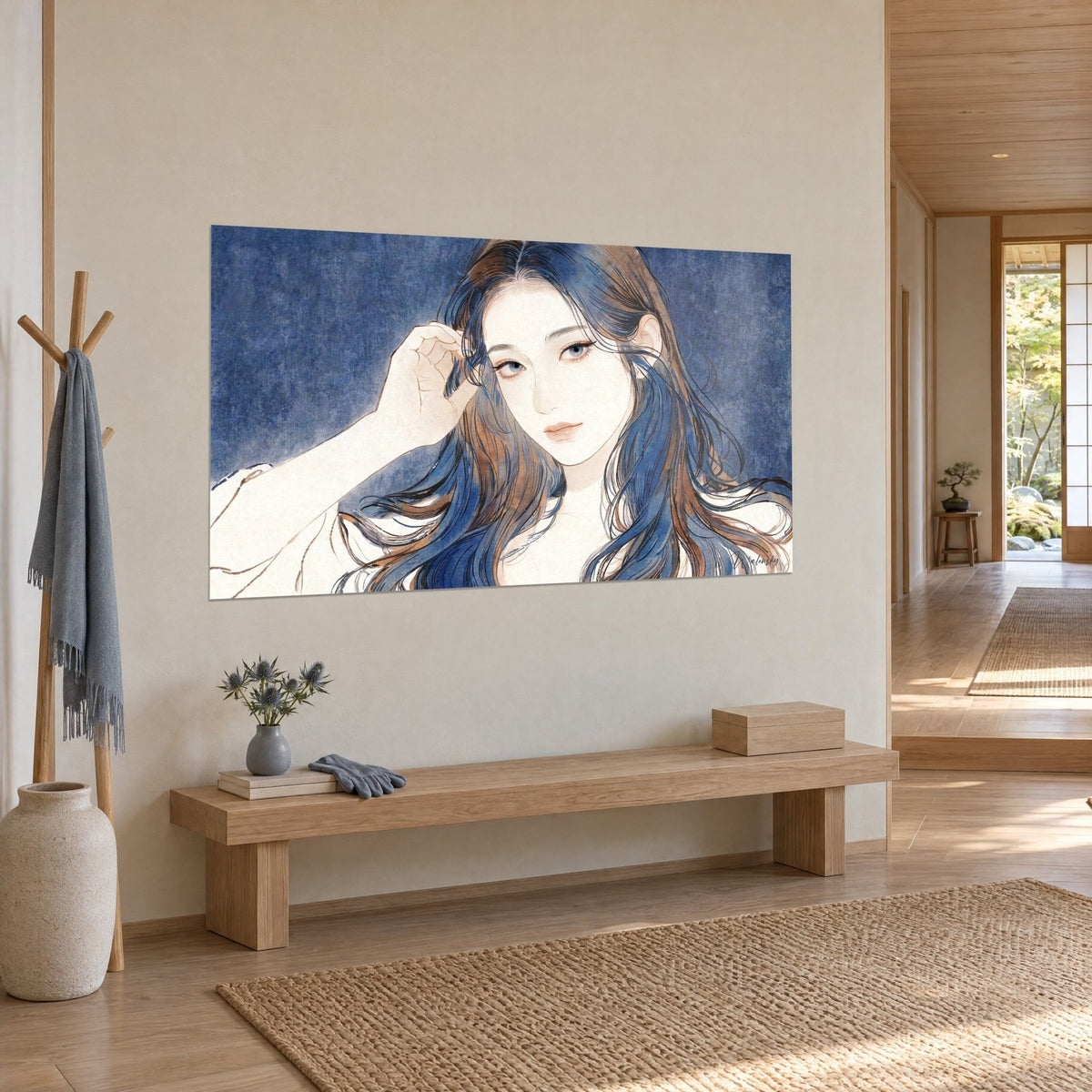 Wall art female face with a clear gaze, wavy auburn hair mixed with midnight blue, textured blue background, cream wall, wooden bench