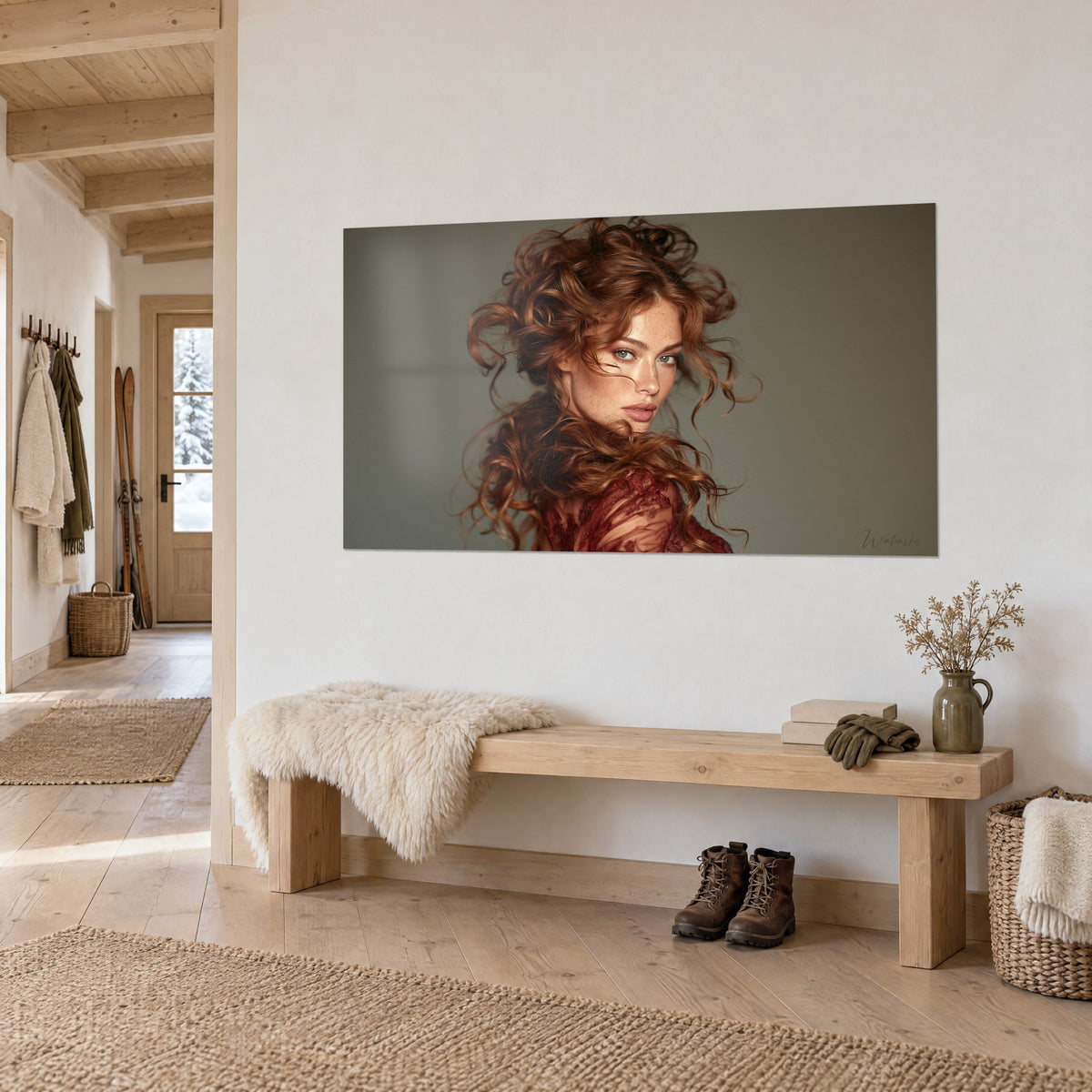 Tableau portrait de femme aux taches de rousseur, chevelure cuivrée en volutes, dentelle bordeaux, sur mur crème, banc de chêne clair