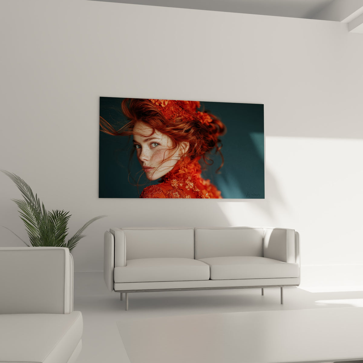 Visage aux taches de rousseur et chevelure cuivrée en mouvement, au-dessus d'un canapé dans un salon lumineux