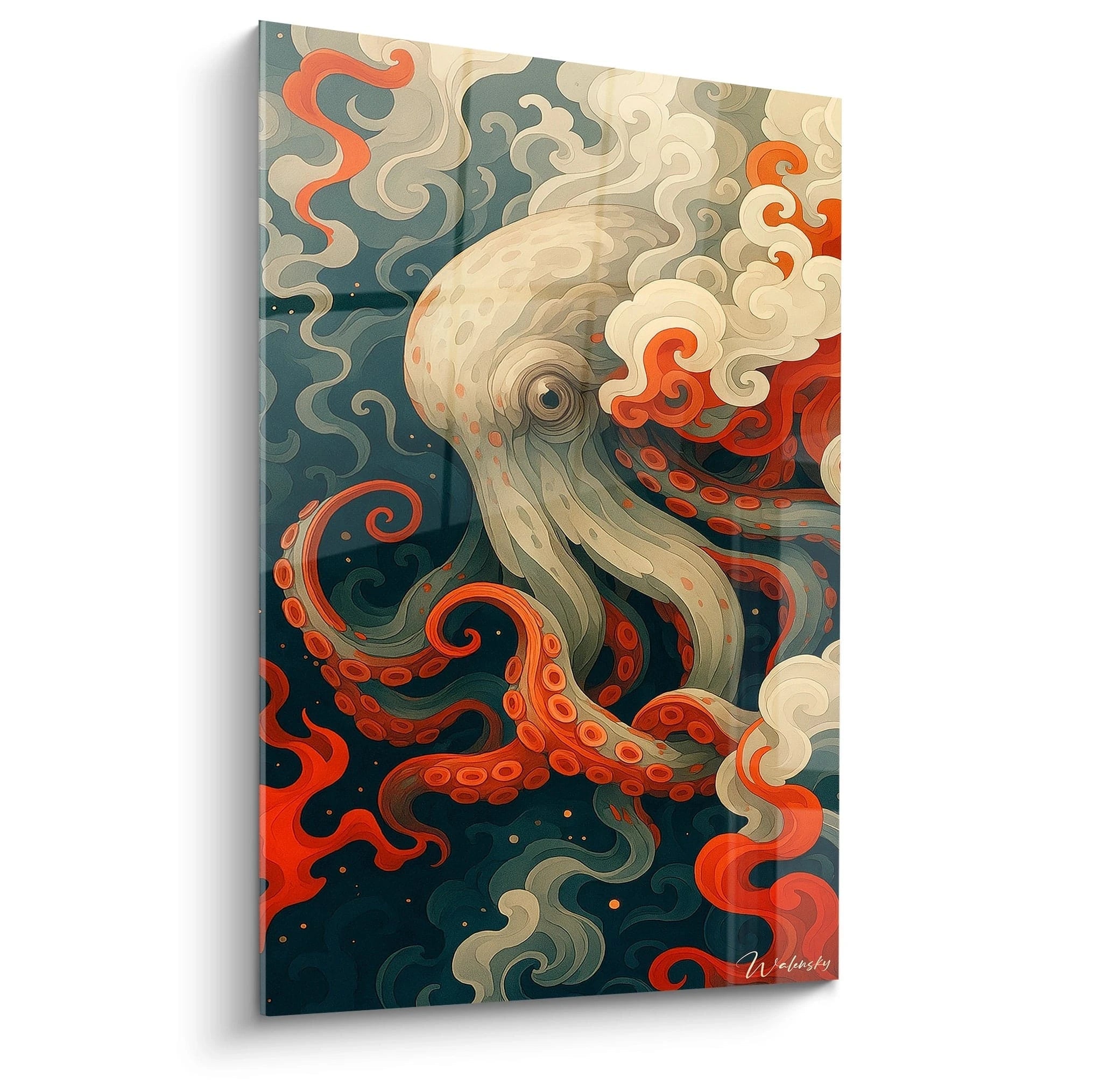 Un tableau pieuvre représentant un poulpe aux tentacules orange vif sur fond bleu-vert profond. Les tentacules s'enroulent en spirales élégantes parmi des nuages d'écume stylisés blancs. Texture fluide et ondulante avec motifs circulaires répétitifs sur les tentacules.