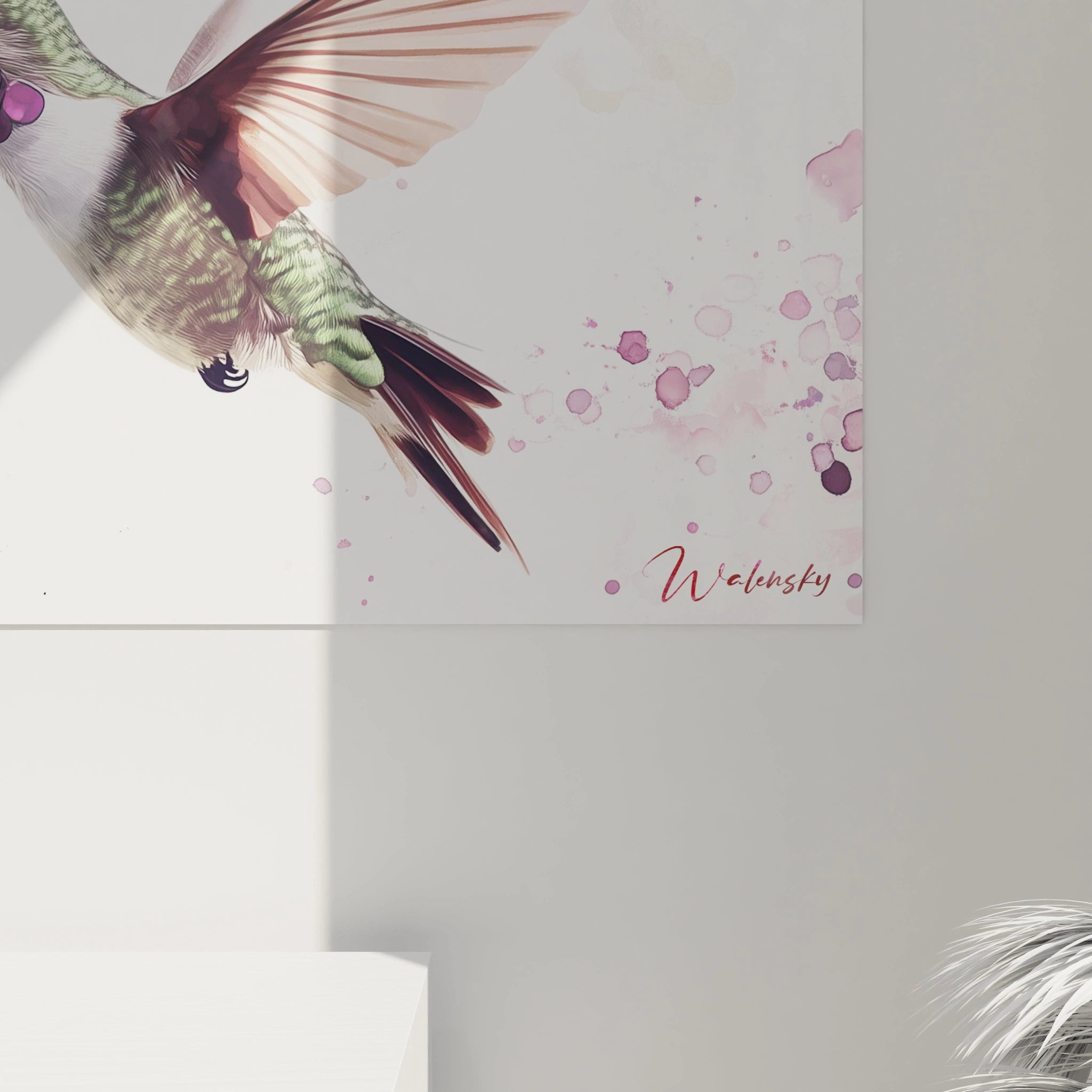 Tableau colibri avec éclaboussures de couleur, signé Walensky, idéal pour la décoration intérieure