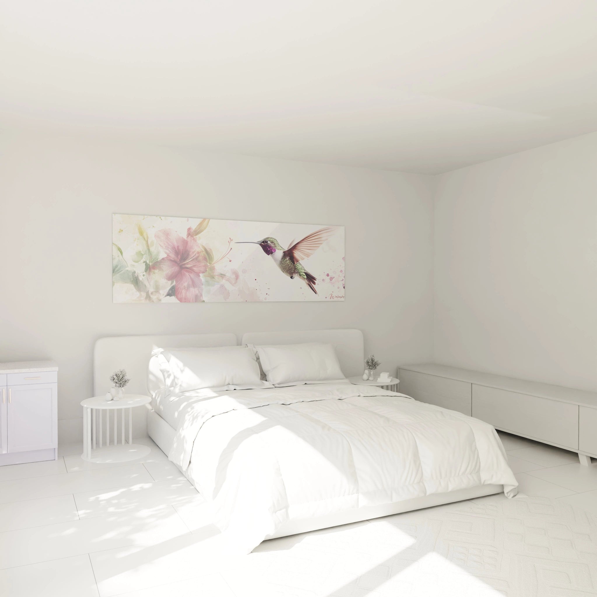 Tableau colibri de Walensky avec fleurs, idéal pour décorer une chambre lumineuse