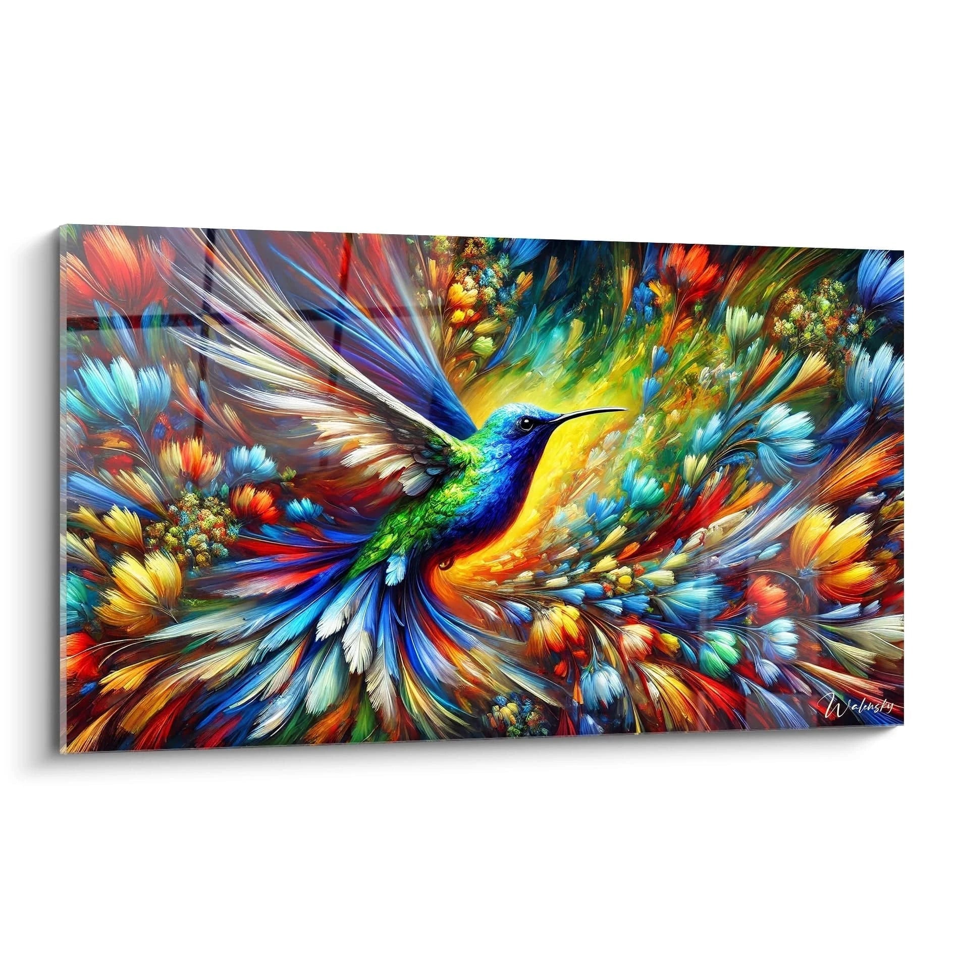 tableau colibri vu de biais aux couleurs vives bleu jaune et rouge melant realisme et abstrait avec fleurs tropicales en arriere plan mouvement et energie captives