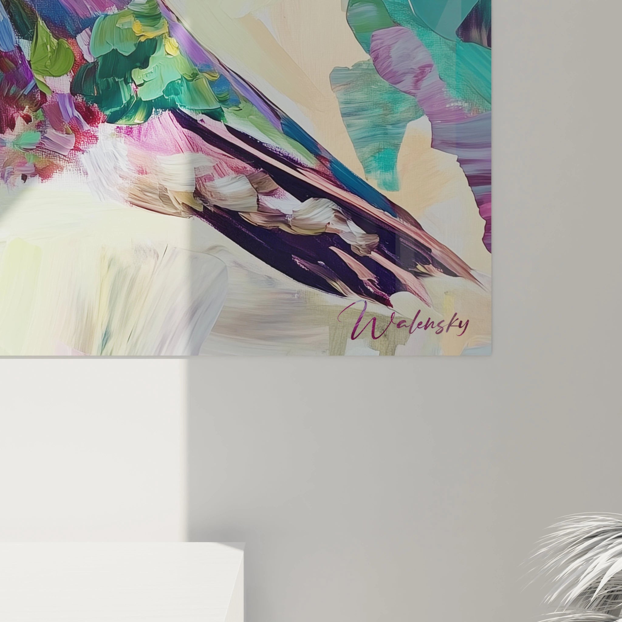 Tableau coloré de colibri par Walensky, présentant un art abstrait éclatant et vibrant