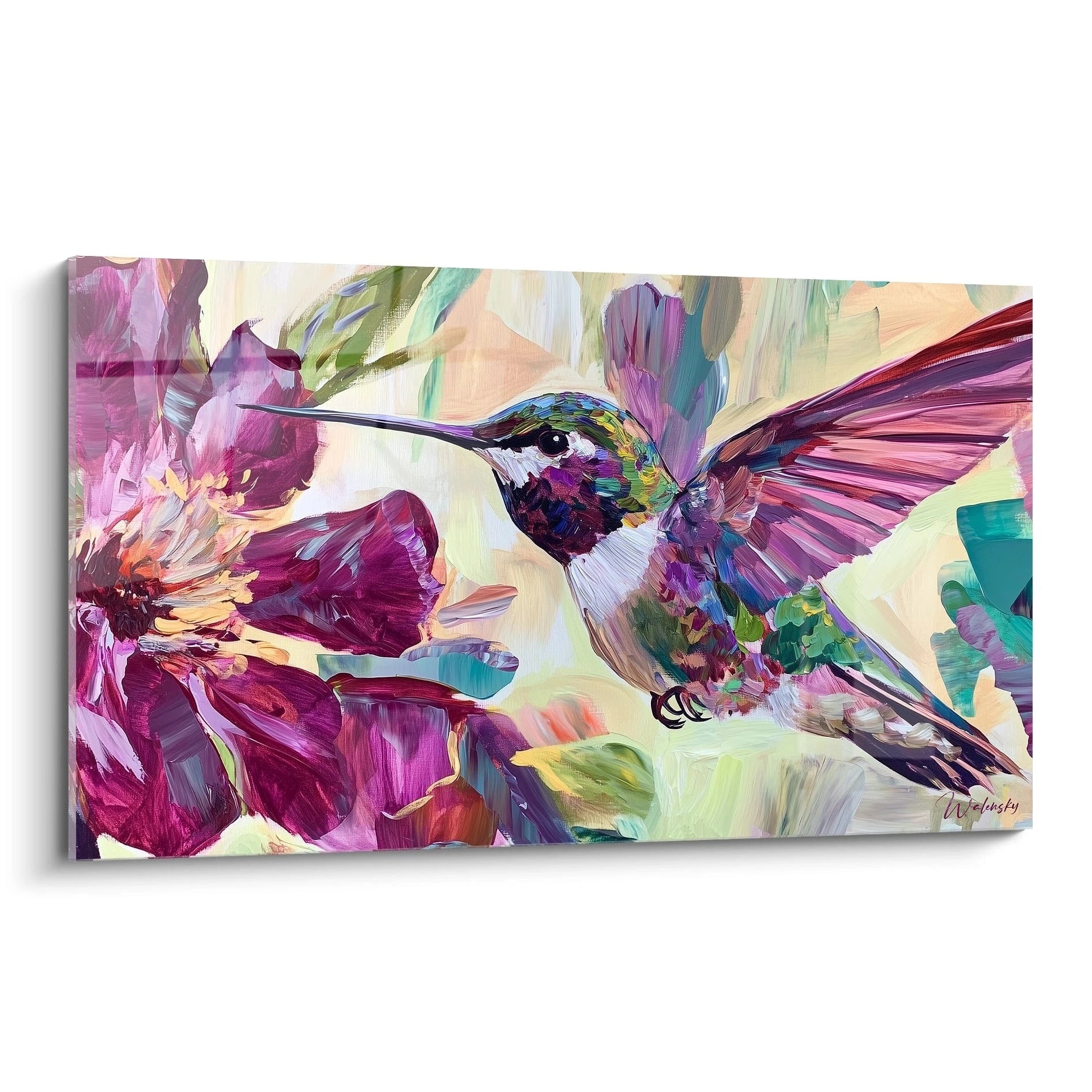 Tableau colibri coloré de Walensky avec des fleurs vibrantes en arrière-plan