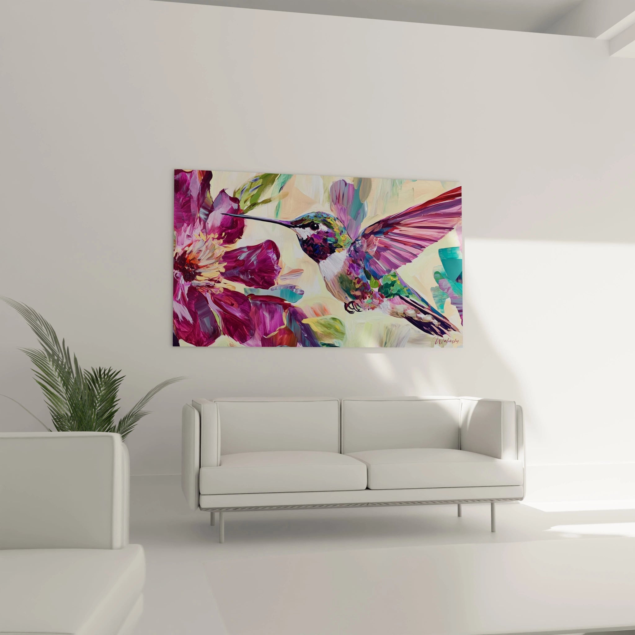 Tableau colibri coloré de Walensky sur un mur moderne avec une fleur vibrante
