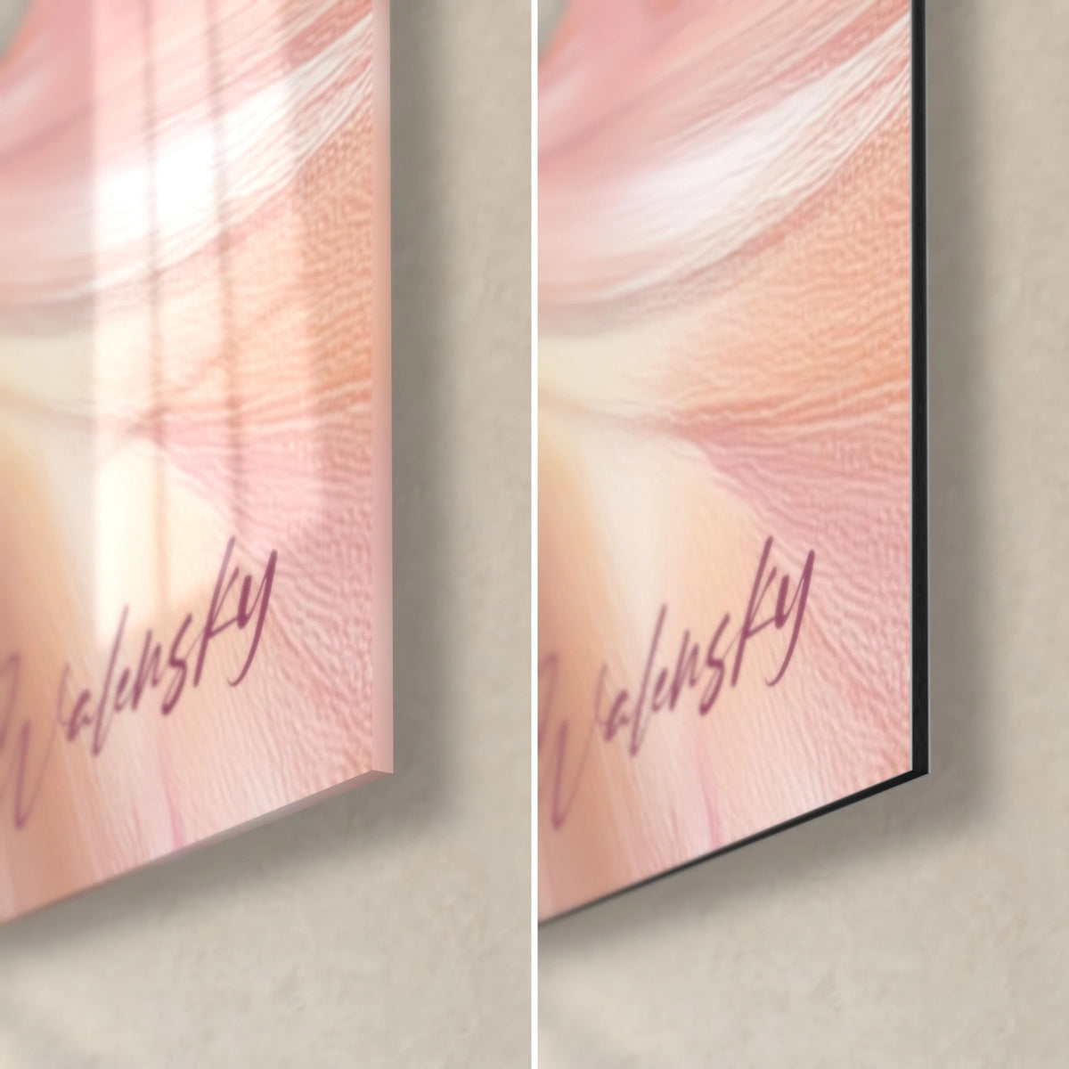 Wall art hummingbird with rosy wings, bottom right corner: glossy acrylic glass on the left, matte Dibond aluminium on the right, 3 mm edge