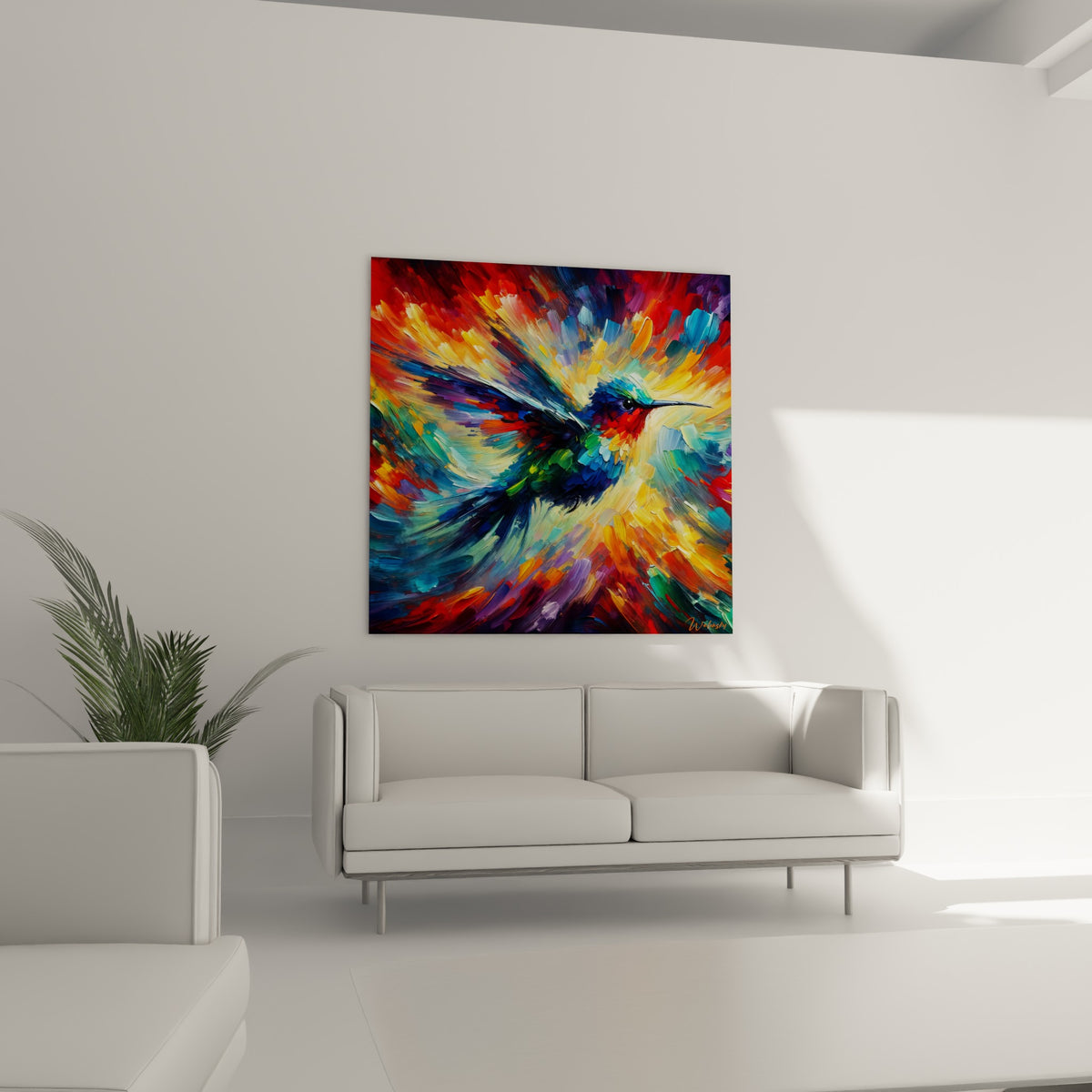Plumage bleu marine et touches vertes du colibri au-dessus d'un canapé dans un salon lumineux