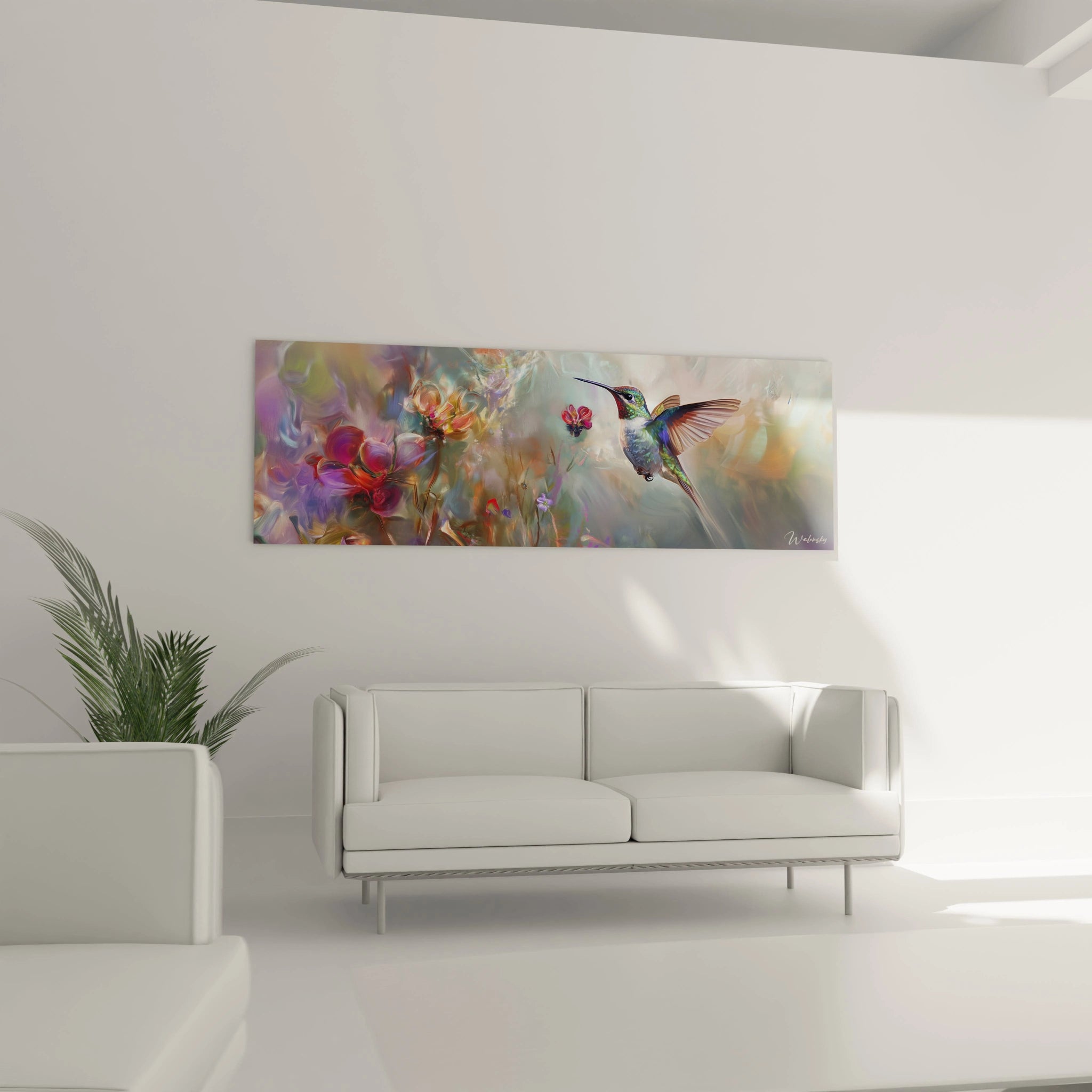 Tableau colibri Walensky avec des fleurs colorées, parfait pour une décoration élégante