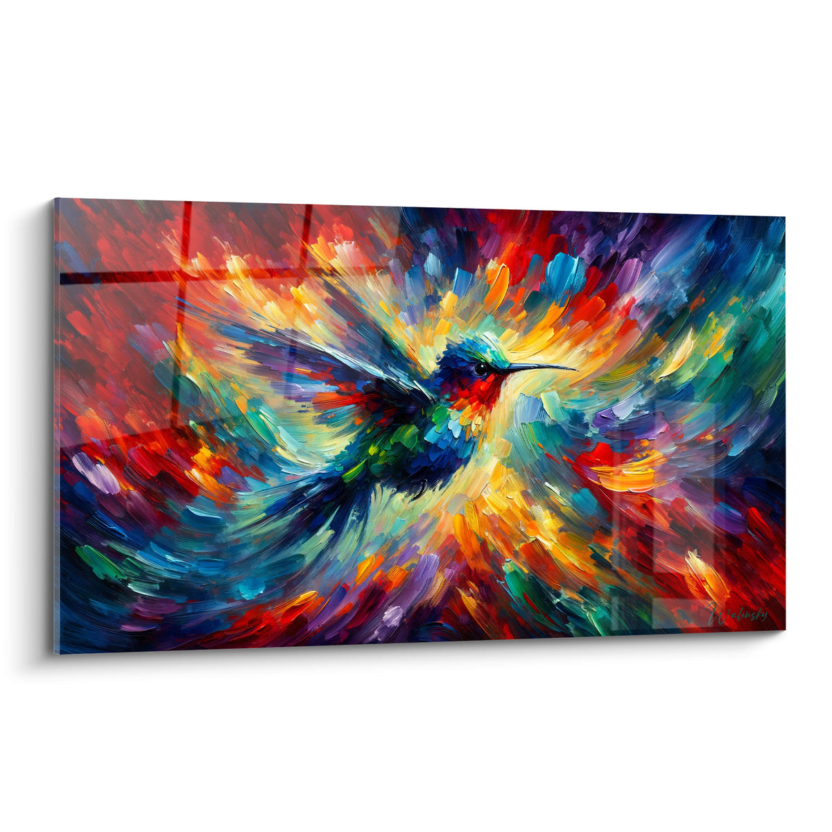 Colibri bleu marine et rouge en plein vol, entouré d'un tourbillon peint turquoise, doré et violet.