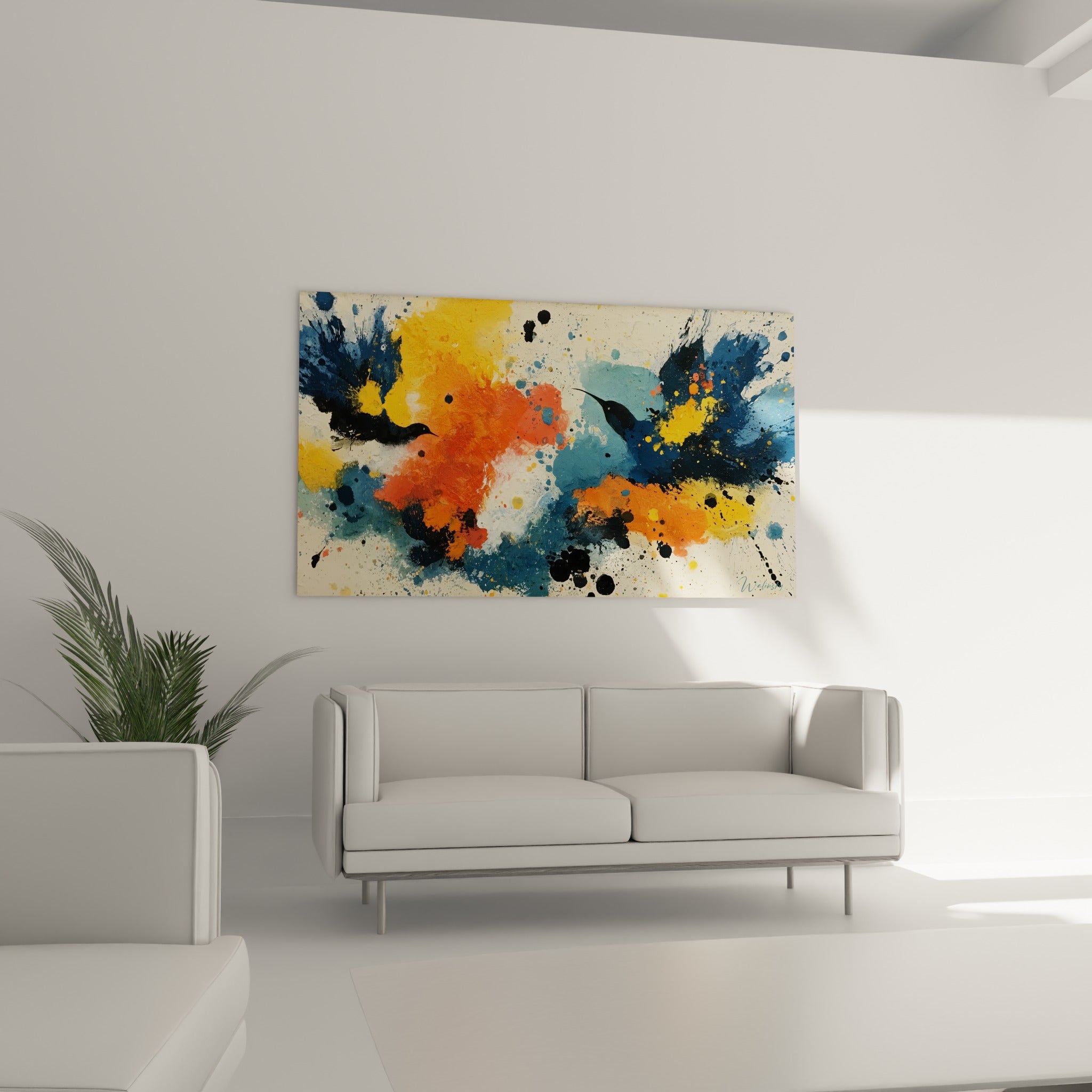 Envol de colibris orange vif et bleu profond disposé au-dessus d'un canapé dans un salon lumineux
