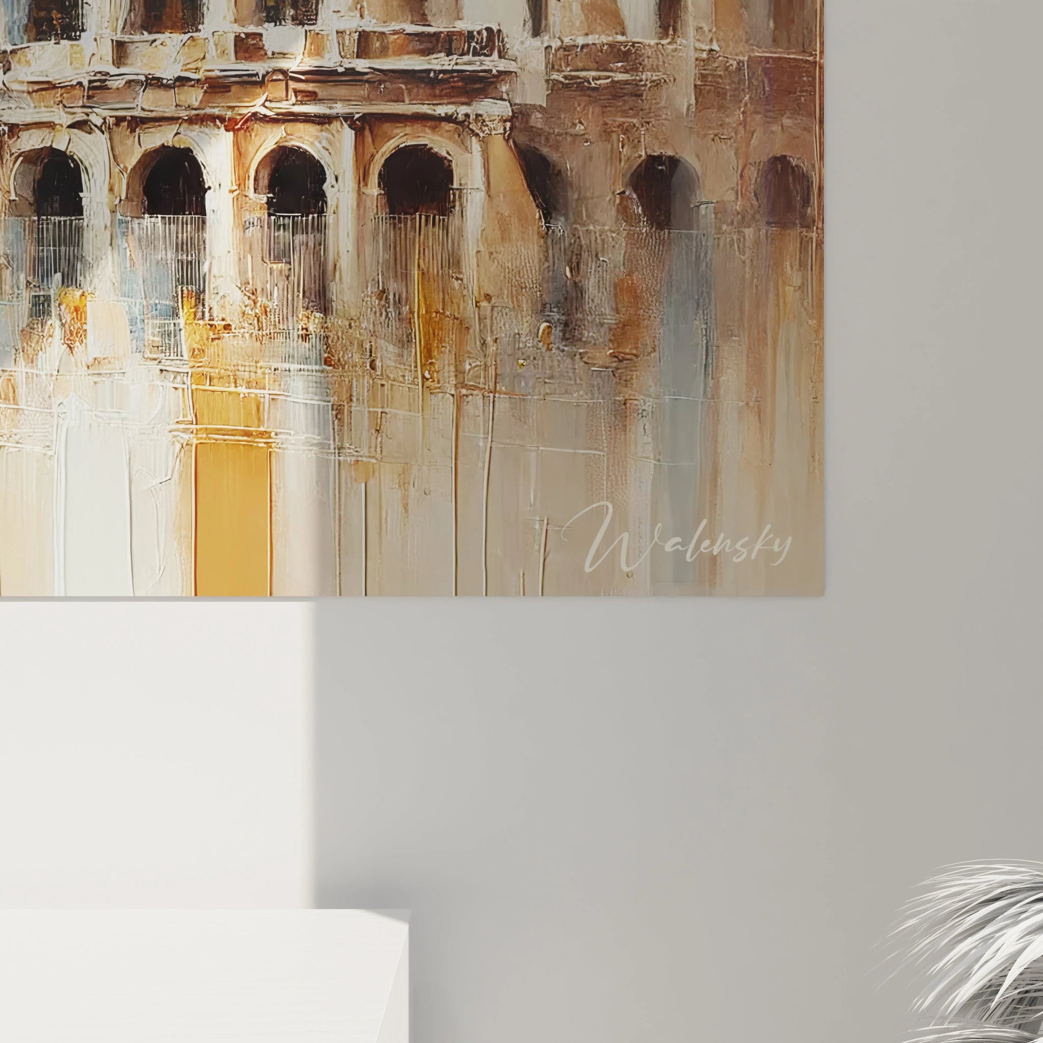 vue rapprochée du tableau Colisée dévoilant les détails texturés les nuances bronze et beige et la profondeur visuelle capturant la lumière italienne et l'atmosphère intemporelle de Rome