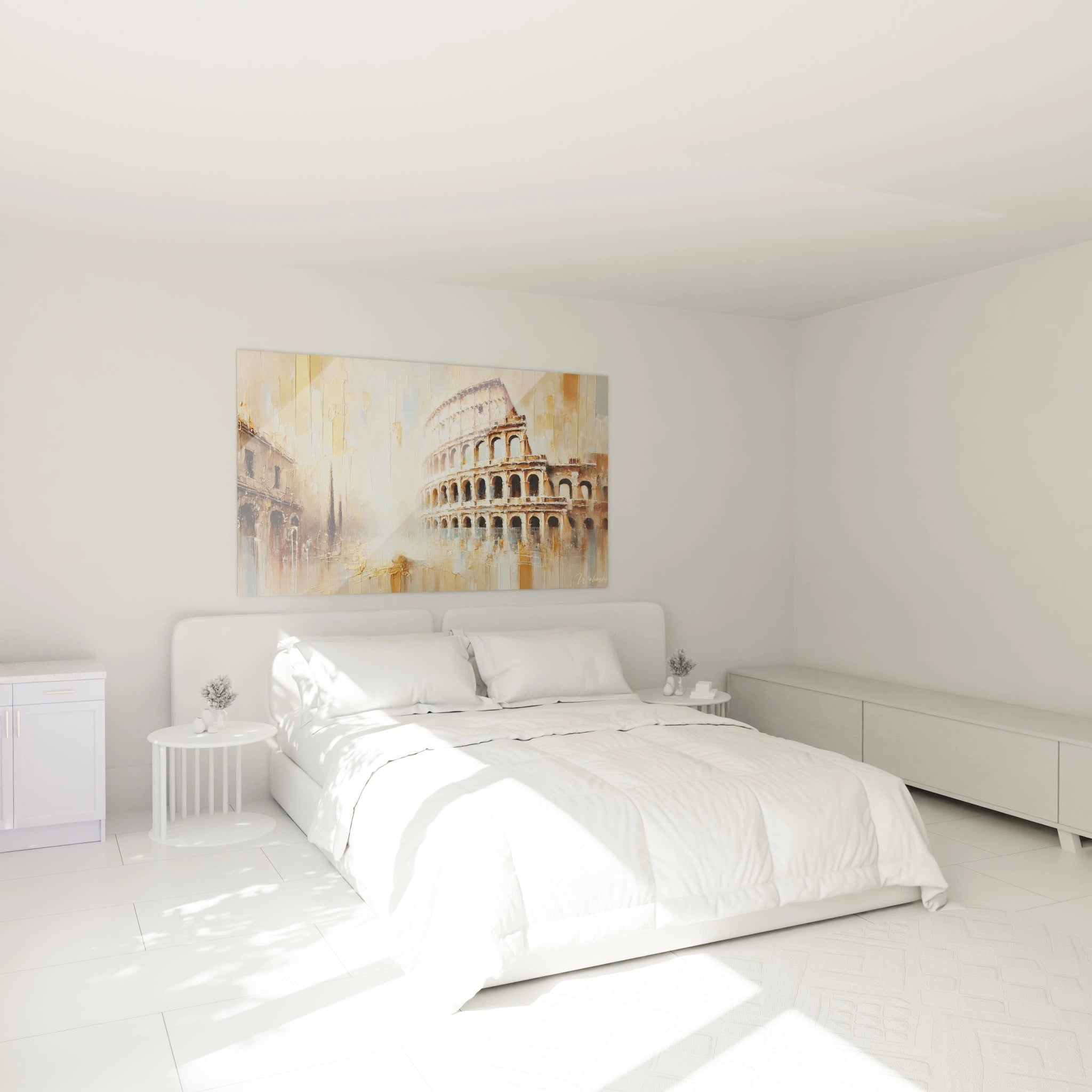 tableau Colisée suspendu au-dessus d'un lit dans une chambre apaisante baignée de lumière mettant en valeur ses reliefs texturés ses couleurs beige et bronze et son ambiance chaleureuse et historique