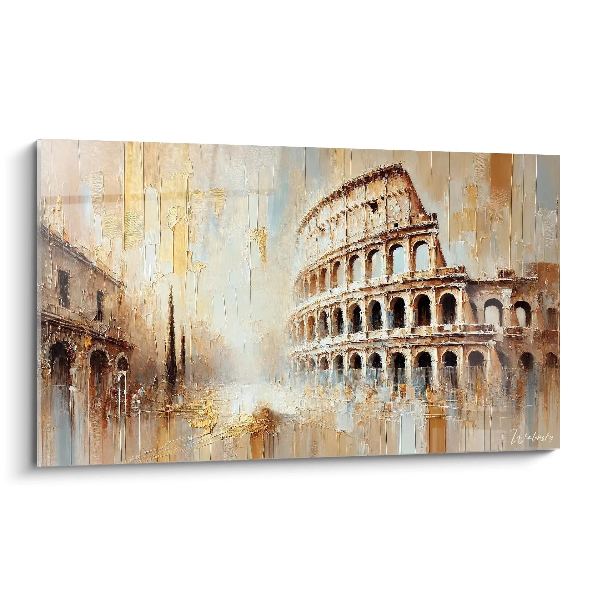 tableau Colisée vu de biais avec des textures captivantes bronze beige et blanc capturant les arches majestueuses et l'histoire intemporelle de Rome sur un fond semi-abstrait lumineux