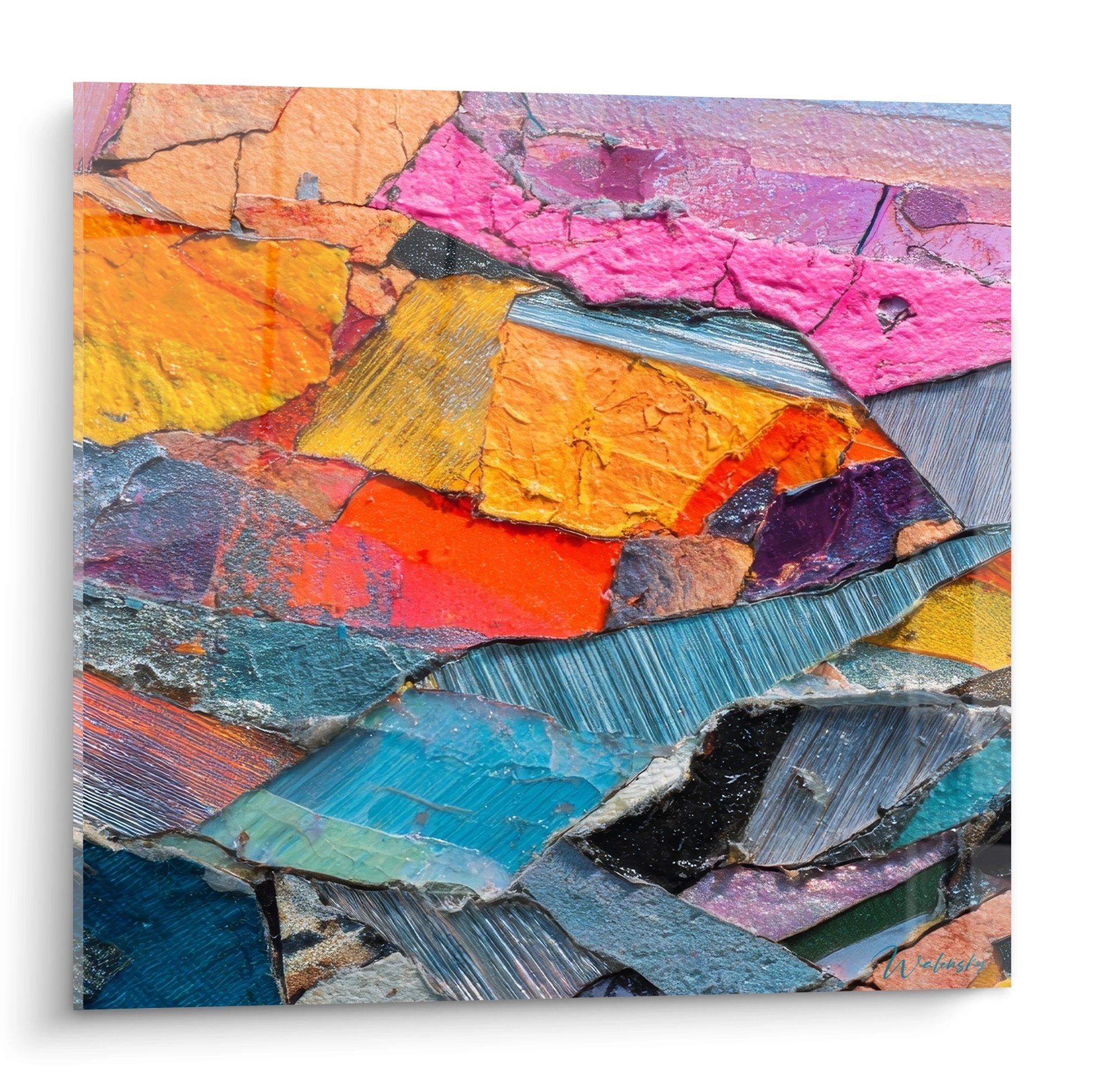 Tableau collage abstrait fragments colorés évoquant connexions neuronales art mural moderne