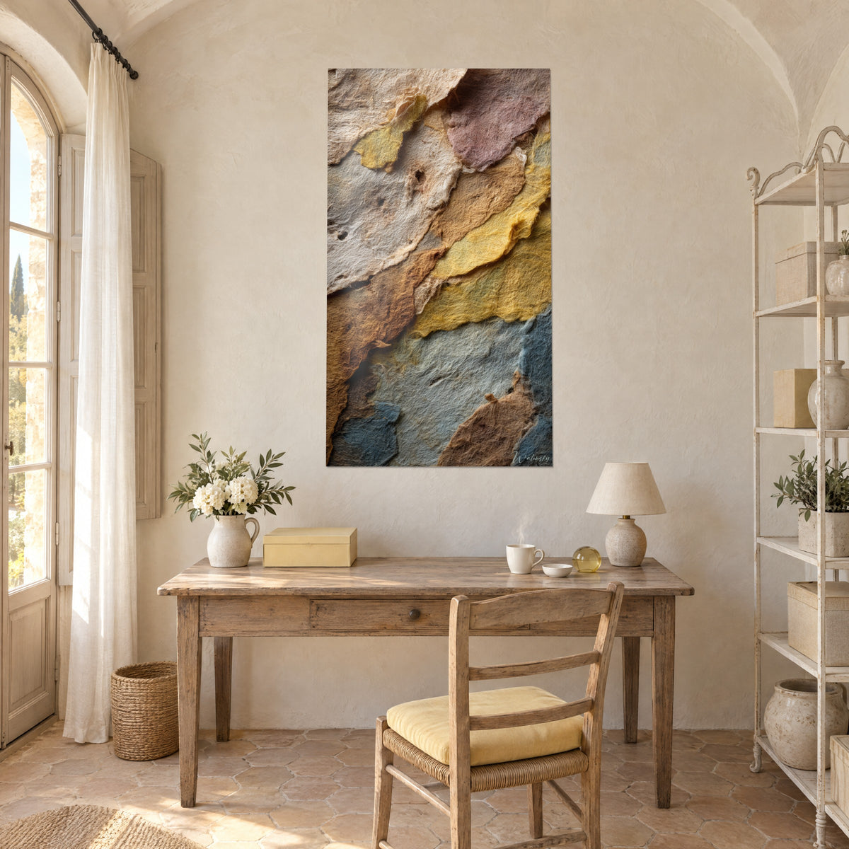 Quadro memoria minerale in fogli sovrapposti, rosso ramato e ardesia, appeso sopra una scrivania in legno chiaro