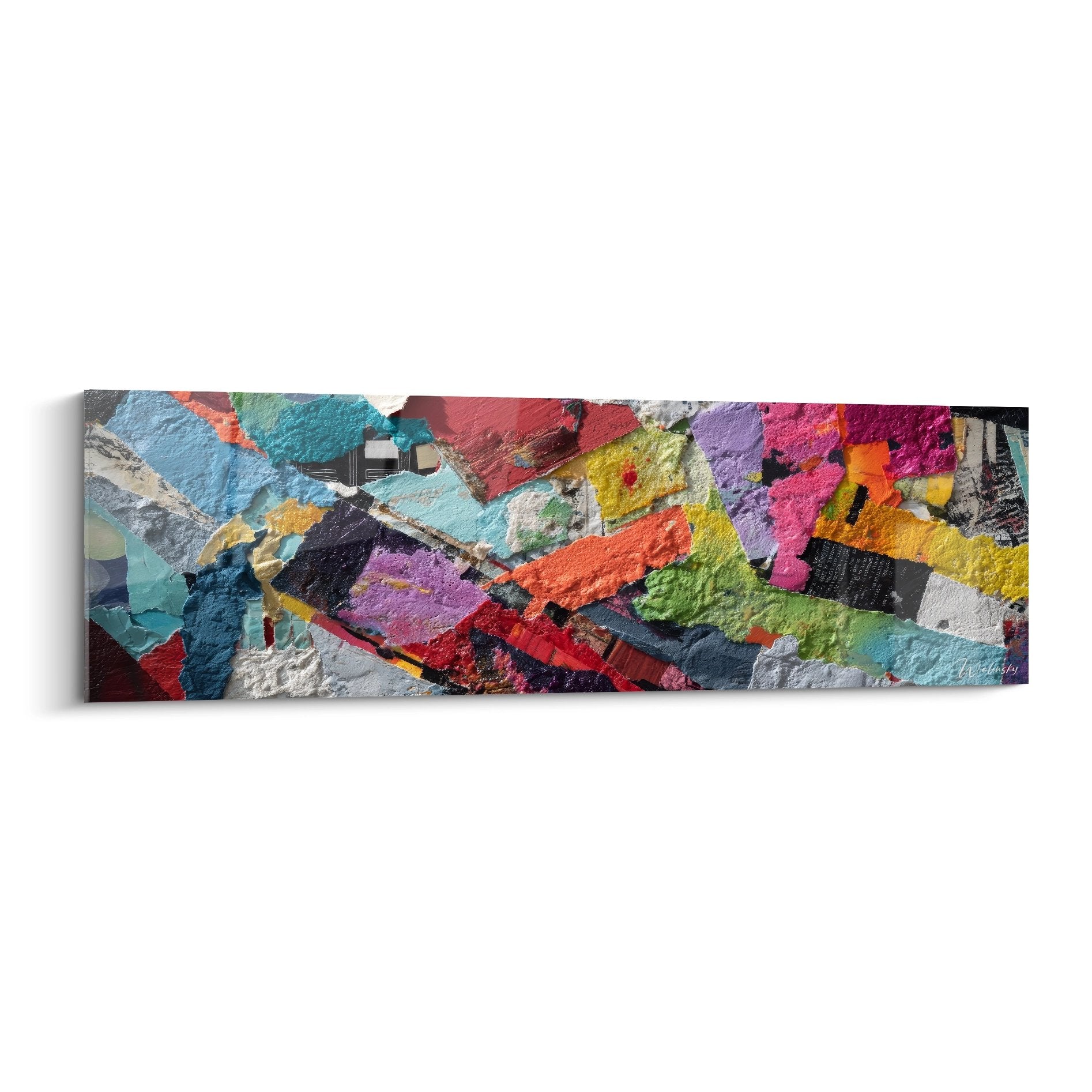 Tableau collage fragments colorés abstraits évoquant connexions neuronales cerveau