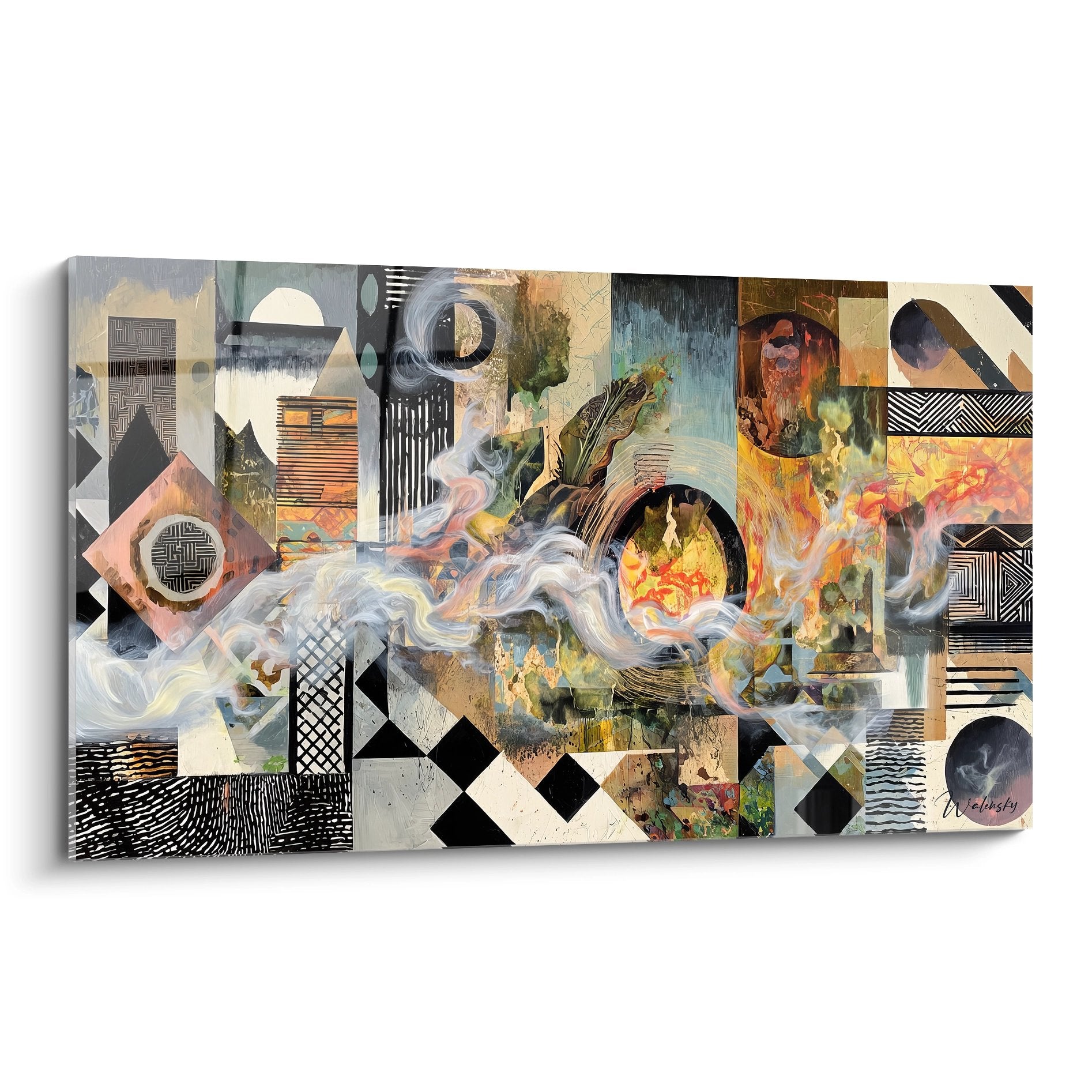 Tableau mural collage géométrique surréaliste abstrait avec formes colorées et motifs noir et blanc