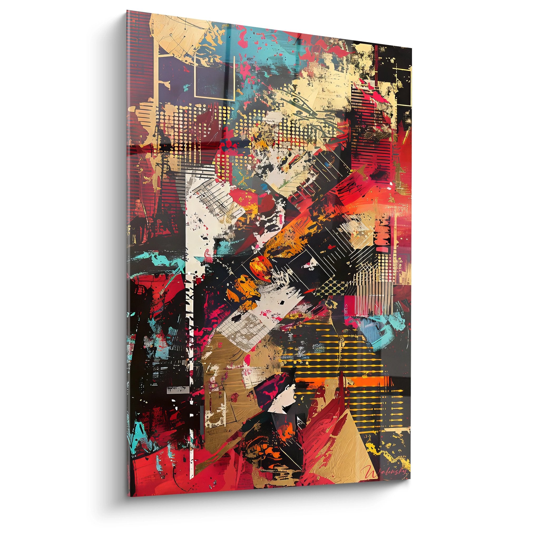 Tableau mural collage urbain abstrait aux couleurs vives et textures mixtes pour décoration contemporaine