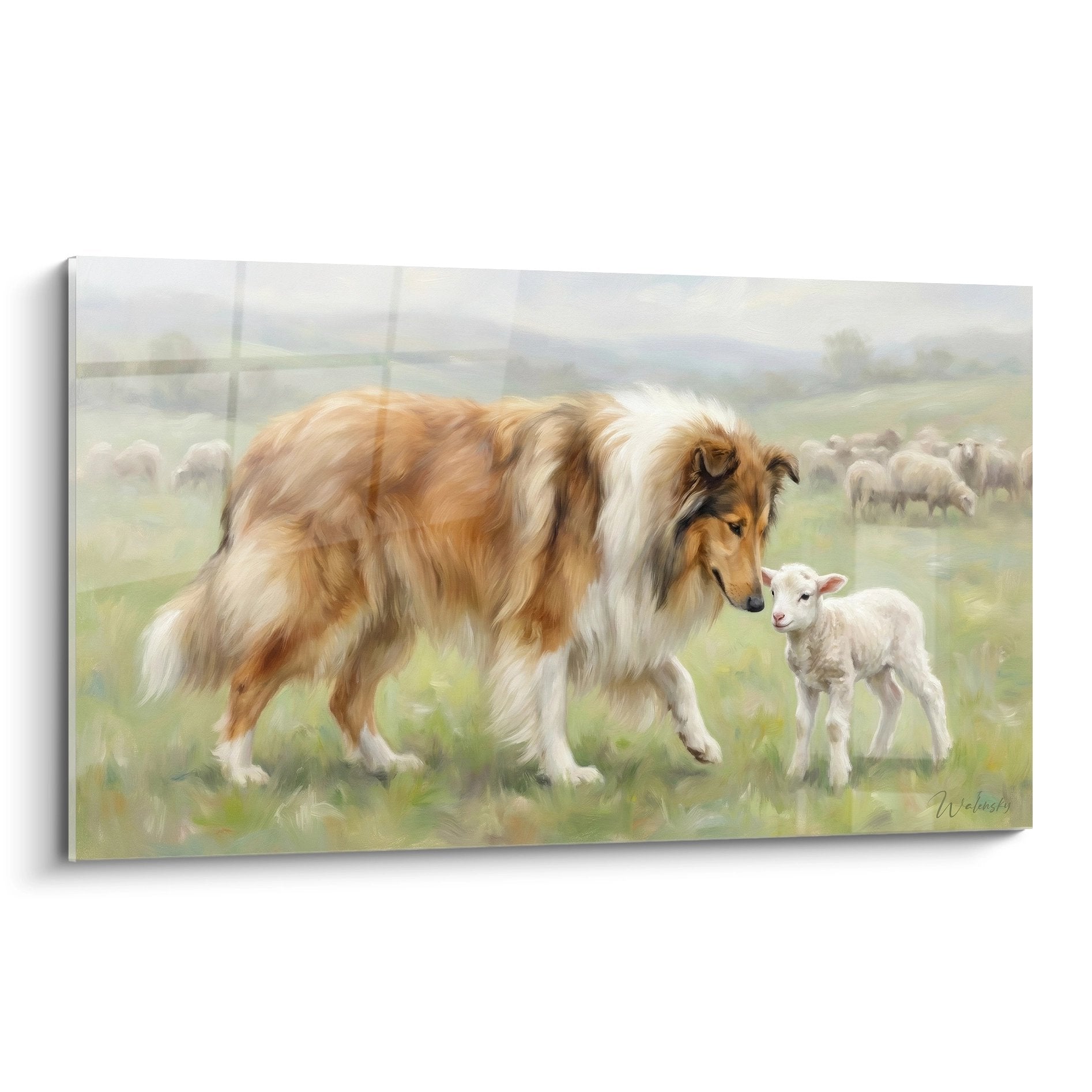 Tableau collie tricolore et agneau blanc dans prairie verte, scene pastorale touchante art animalier