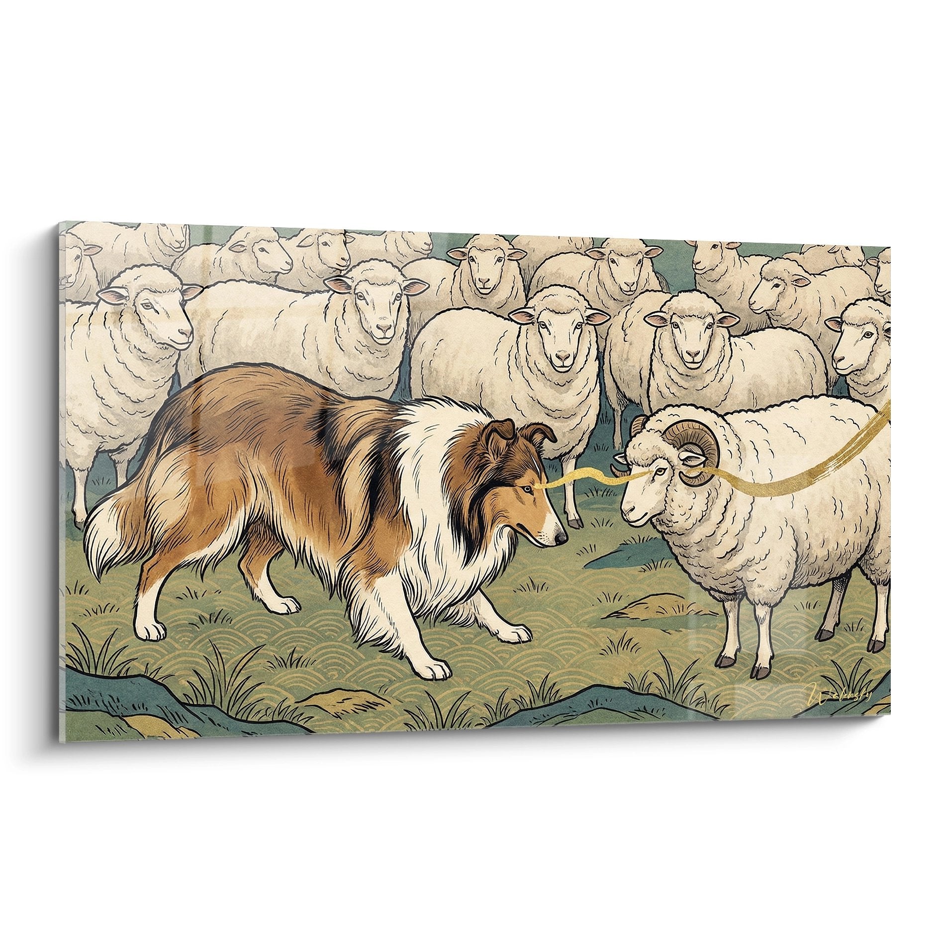 Tableau collie tricolore gardant moutons blancs dans paturage, art pastoral decoration murale