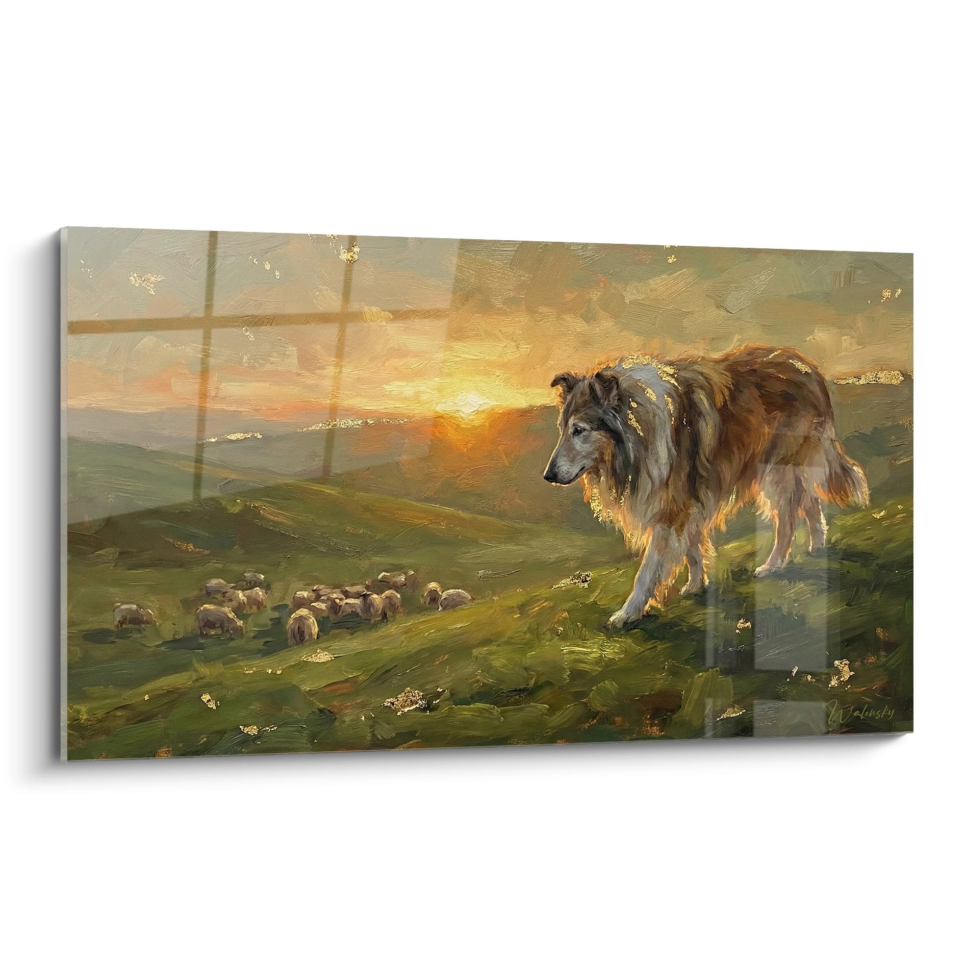 Tableau collie berger surveillant troupeau moutons paysage collines dorées coucher soleil peinture chien