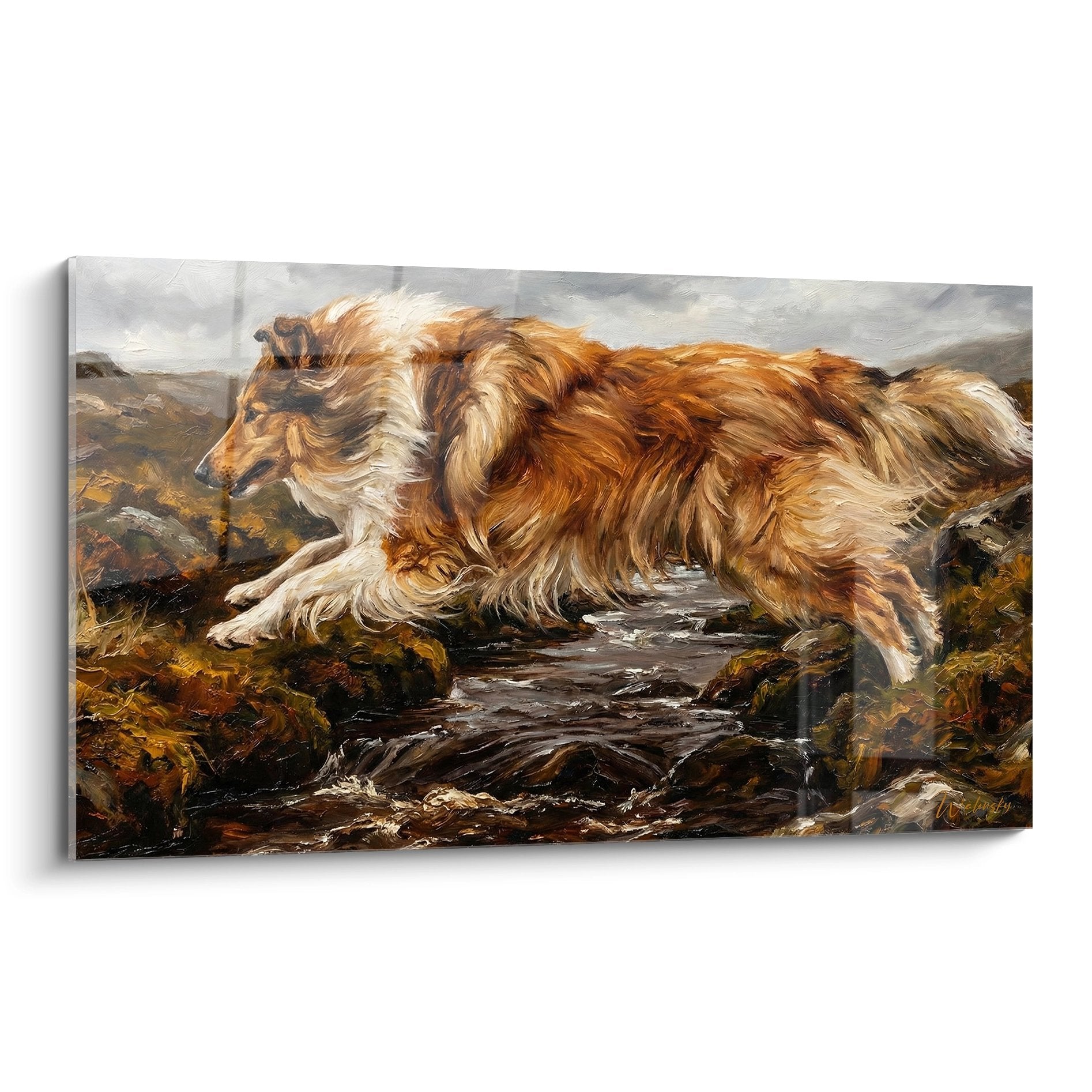 tableau collie roux bondissant gracieusement cascade rochers peinture dynamique tons chauds