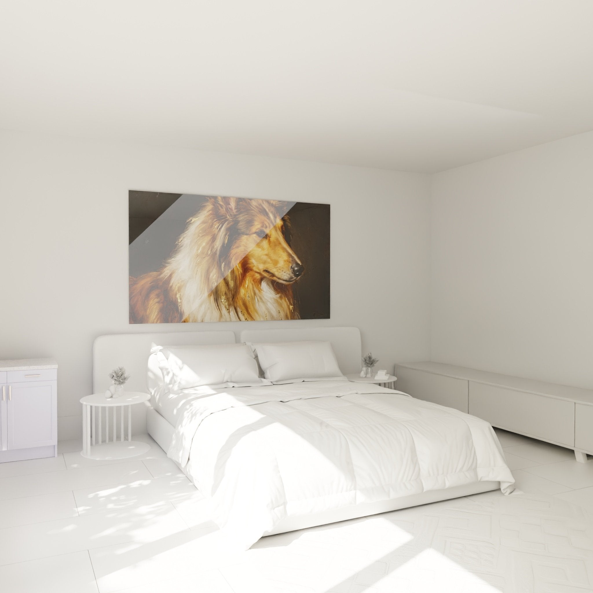 Tableau Collie portrait doré dans chambre cosy, décoration murale chaleureuse avec chien de berger noble