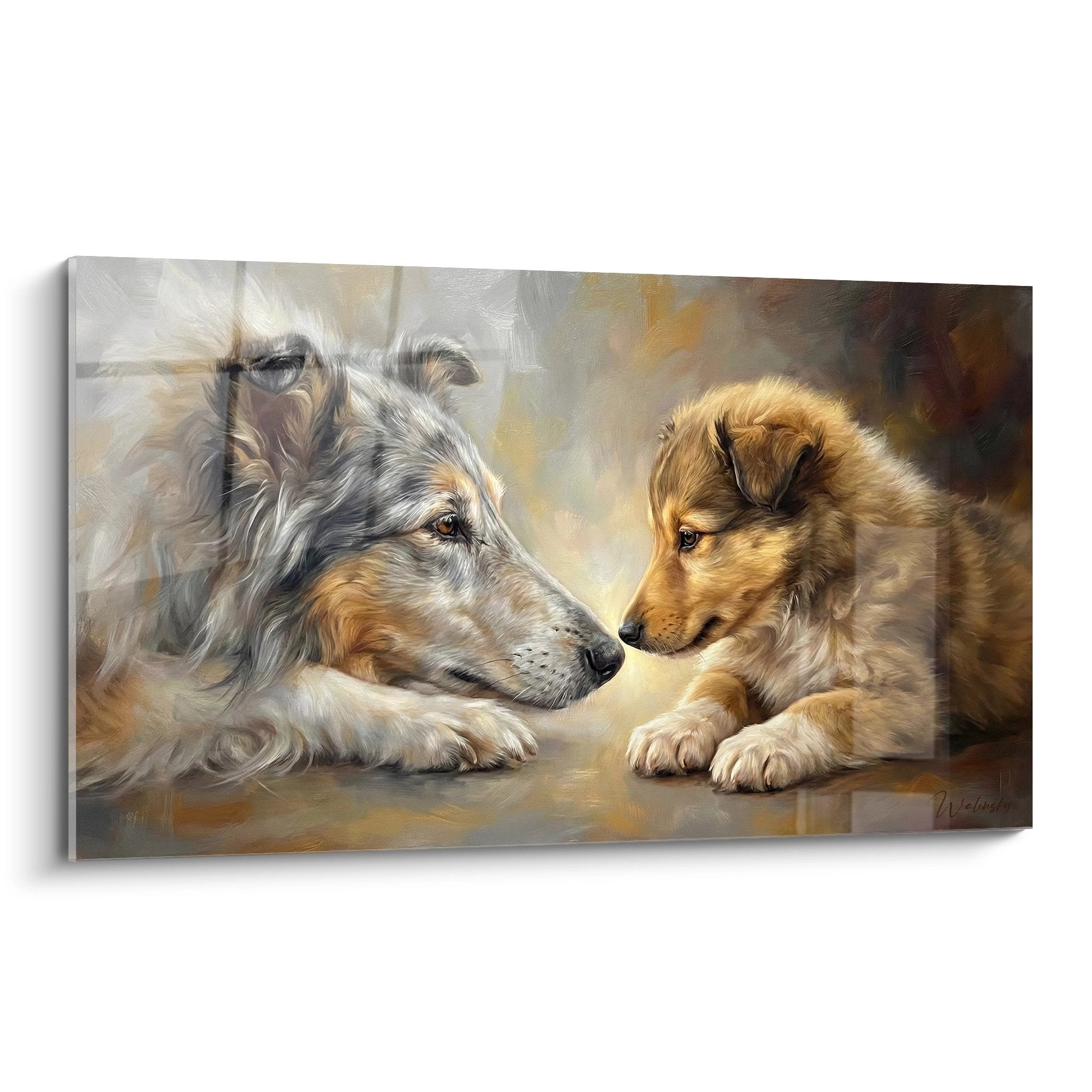tableau peinture collie adulte et chiot pelage dore lumiere chaude tendresse familiale art animalier realiste