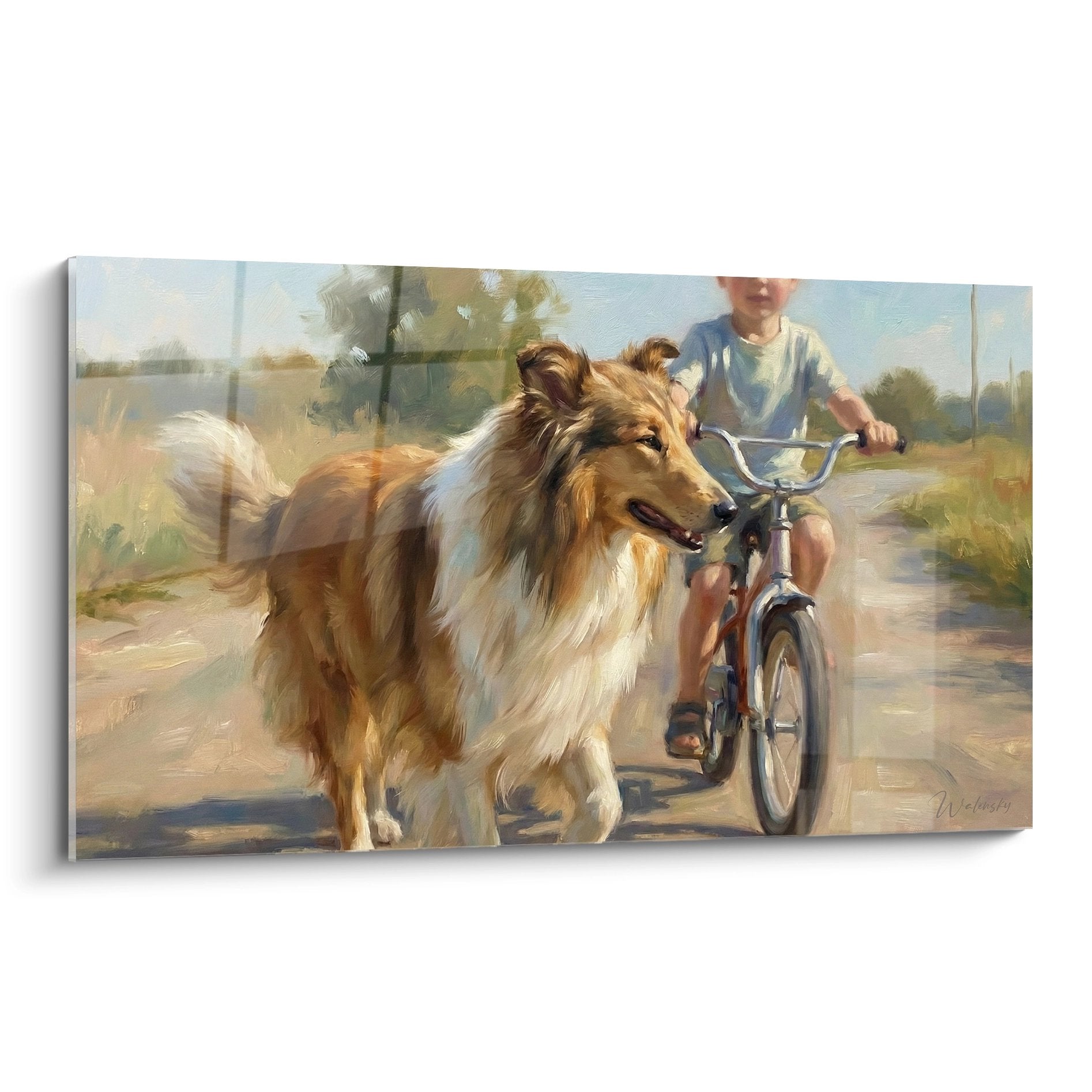 Tableau Collie fauve et blanc courant joyeusement aux côtés d'un enfant à vélo sur chemin de campagne doré