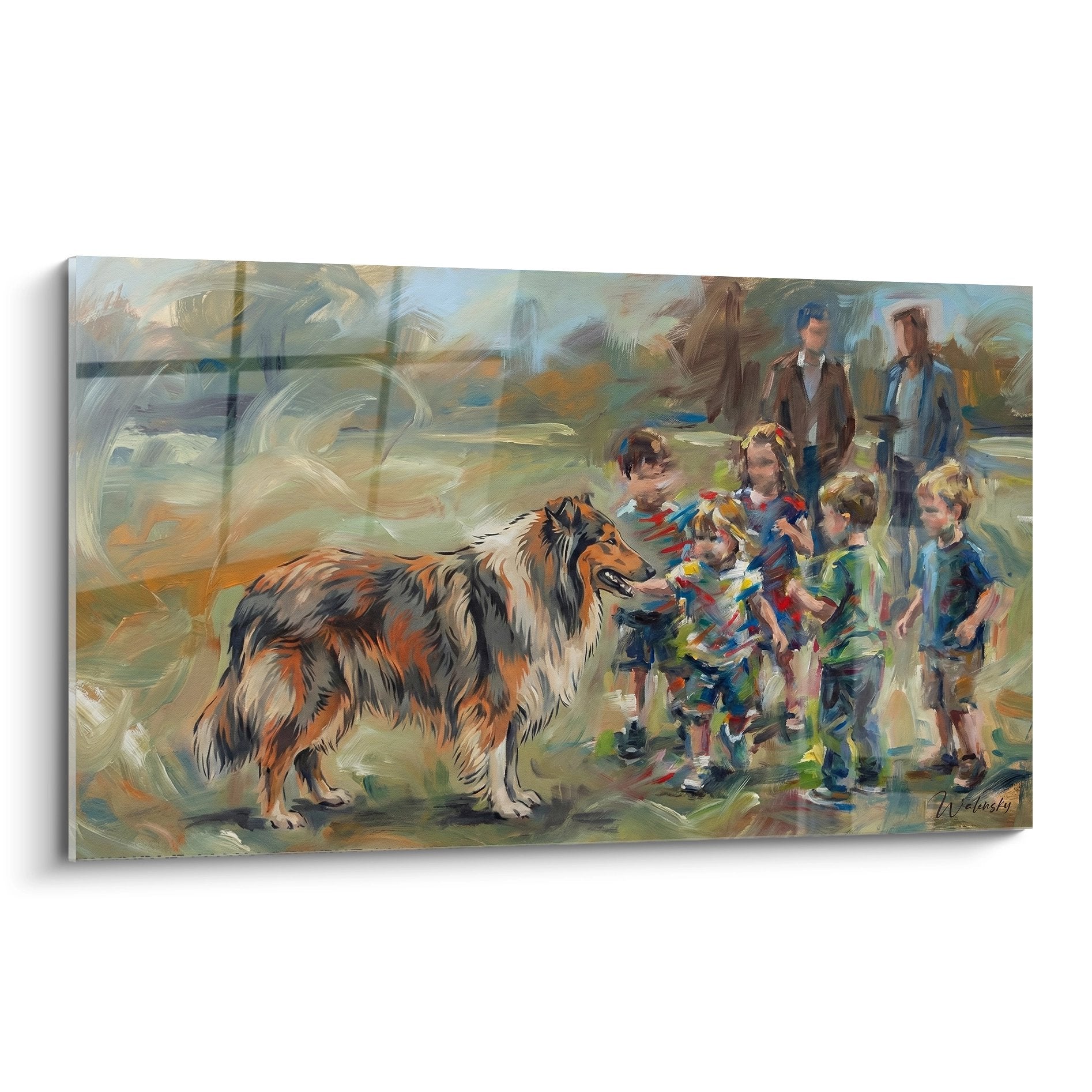Tableau représentant un Collie tricolore entouré d'enfants dans un parc aux tons ocre et bleu pastel