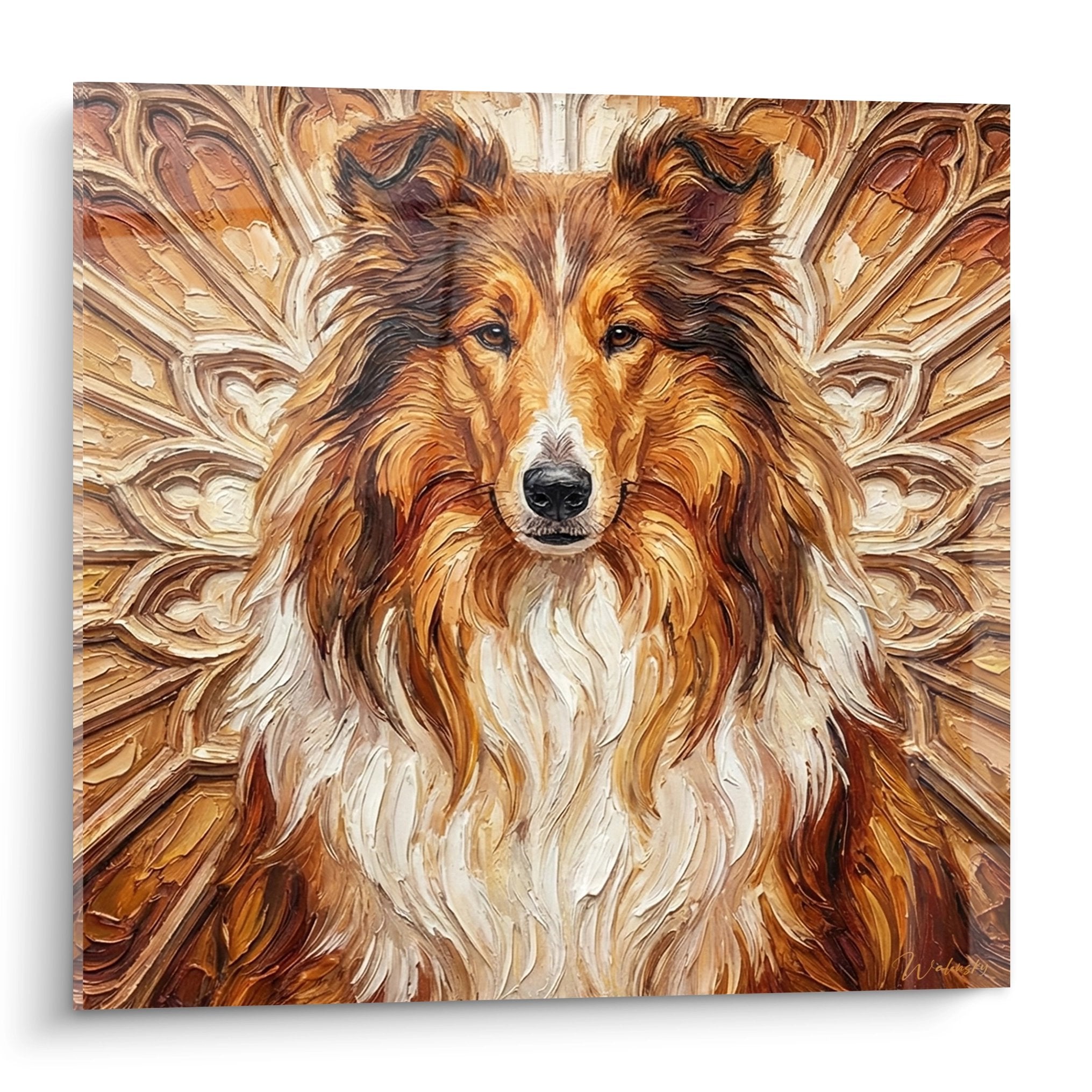 Portrait majestueux Collie tons dorés fond baroque ornements sculptés style royal