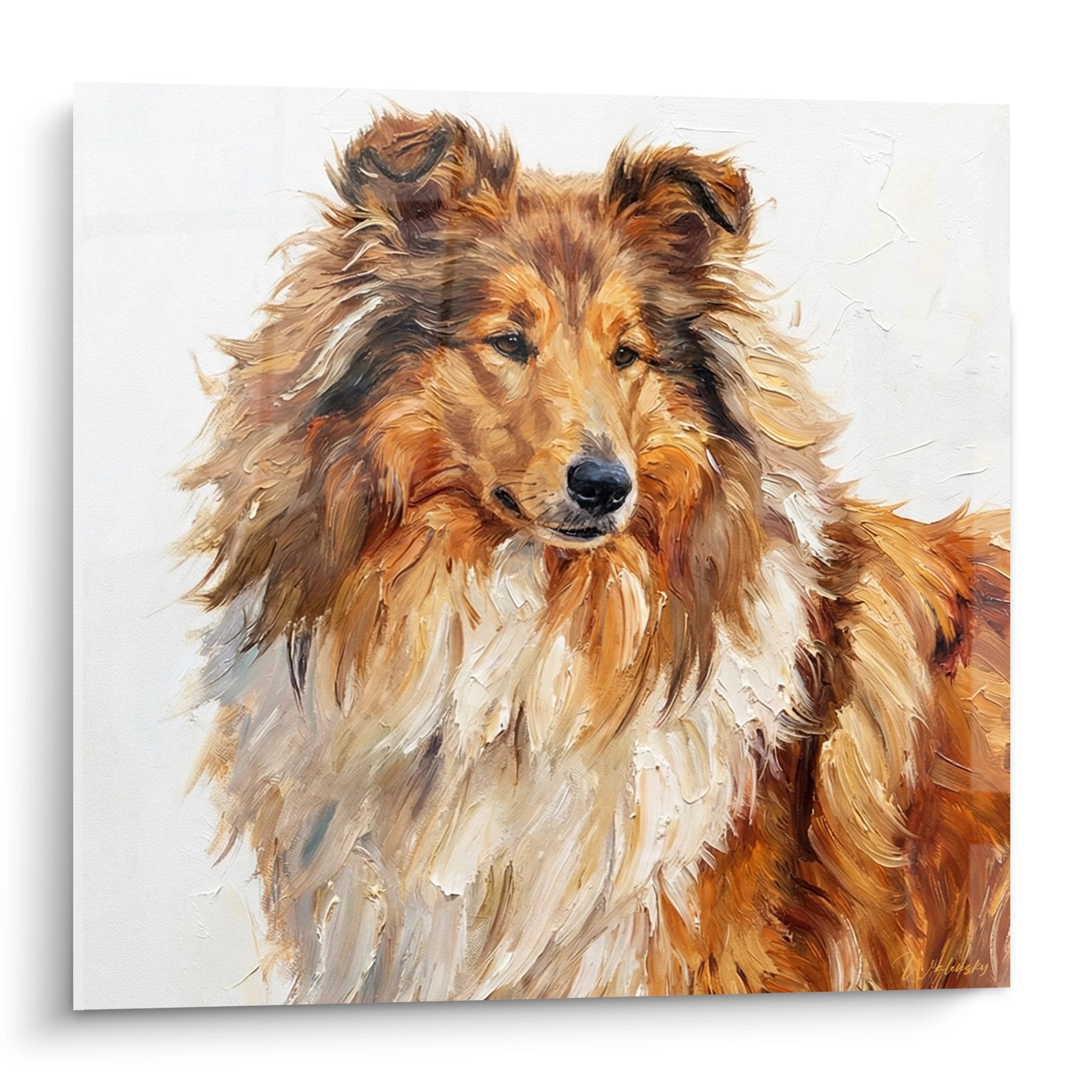 Portrait peint d'un Collie au pelage dore et blanc sur fond neutre, style expressif avec coups de pinceau visibles
