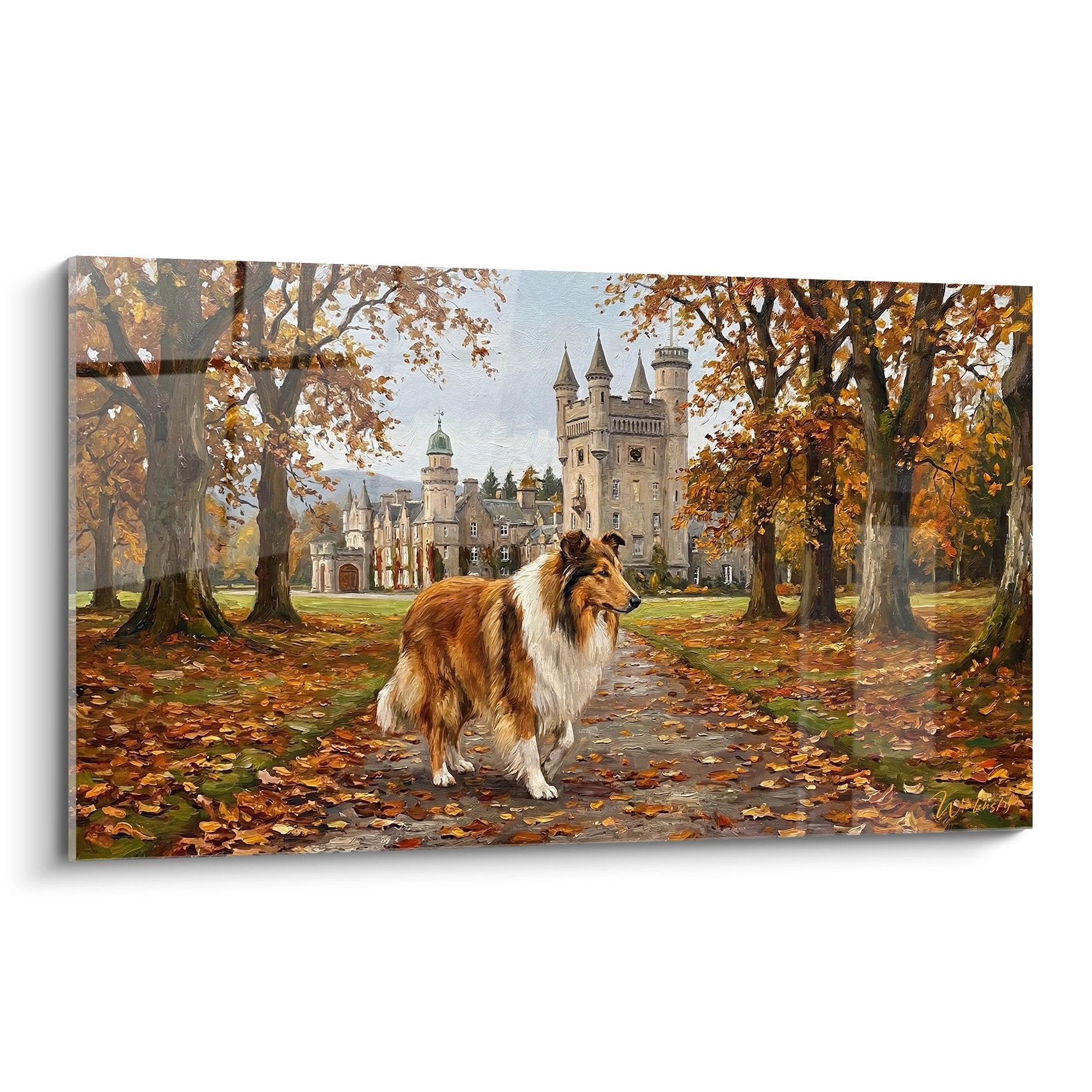 Tableau Collie roux et blanc devant chateau gothique en automne avec arbres dores et feuilles mortes