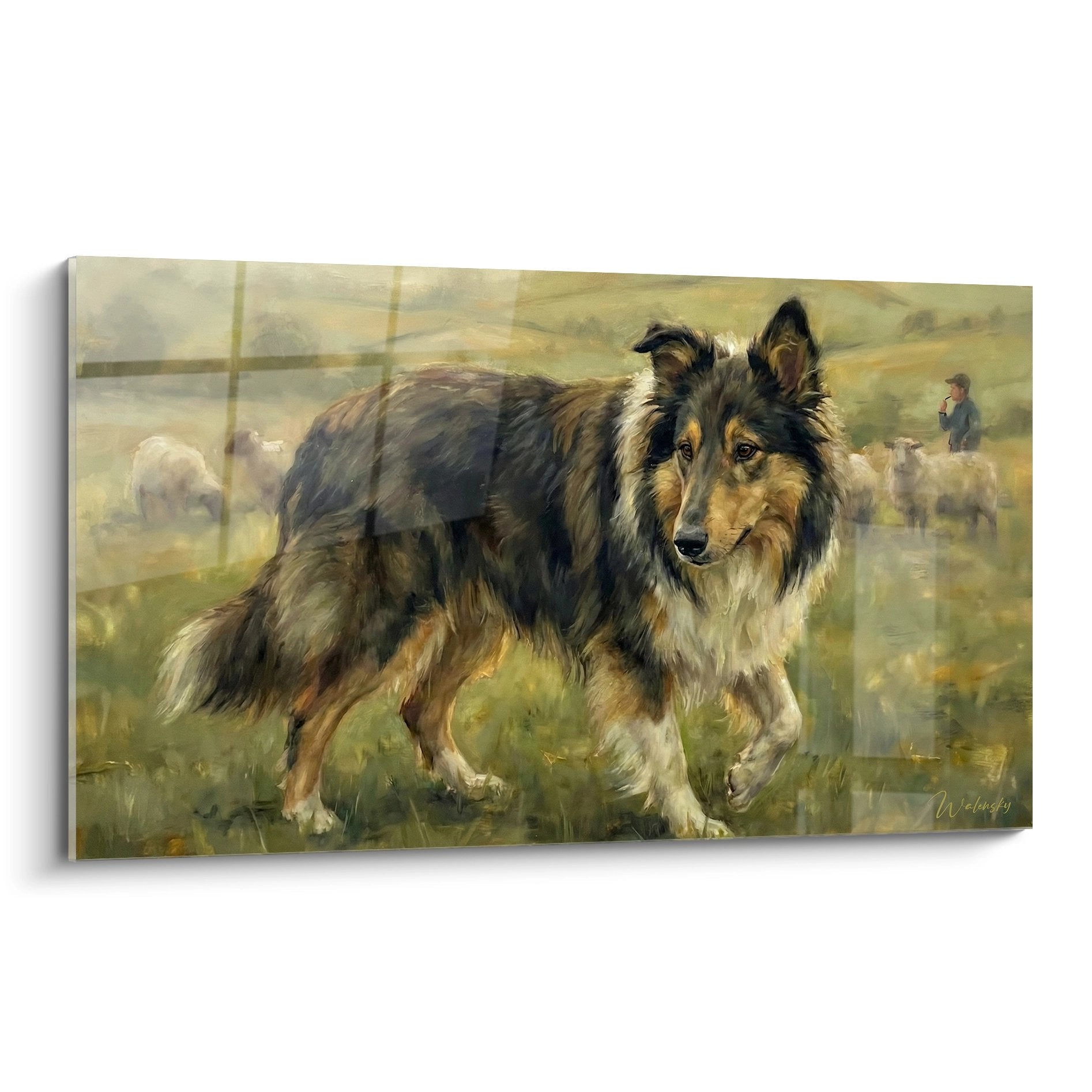 Tableau collie tricolore en mouvement dans champs dores avec troupeaux arriere plan style impressionniste