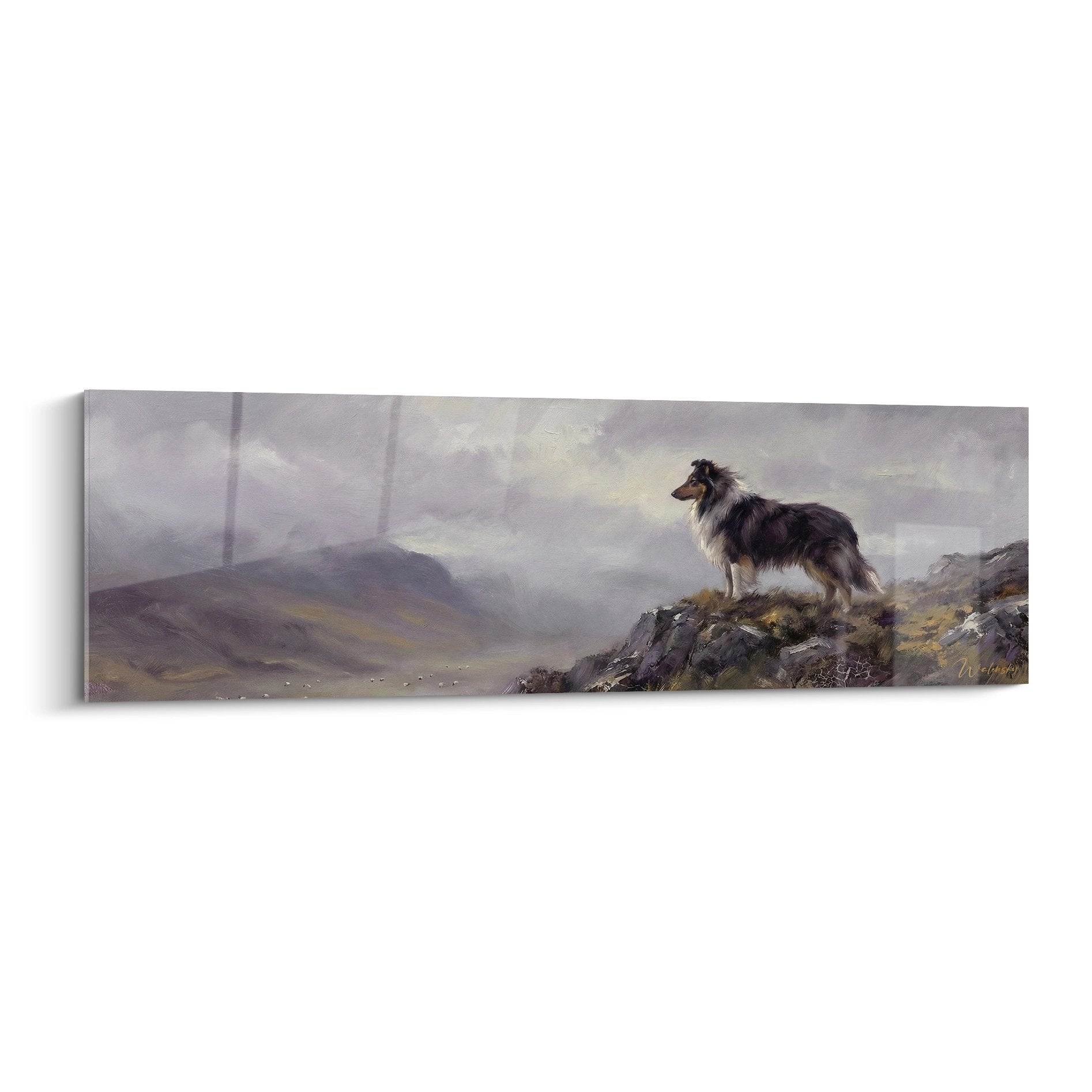 Gemälde Tricolor Collie auf Felsen mit Blick auf neblige Berge, violetter Himmel, romantische Highlands-Landschaft